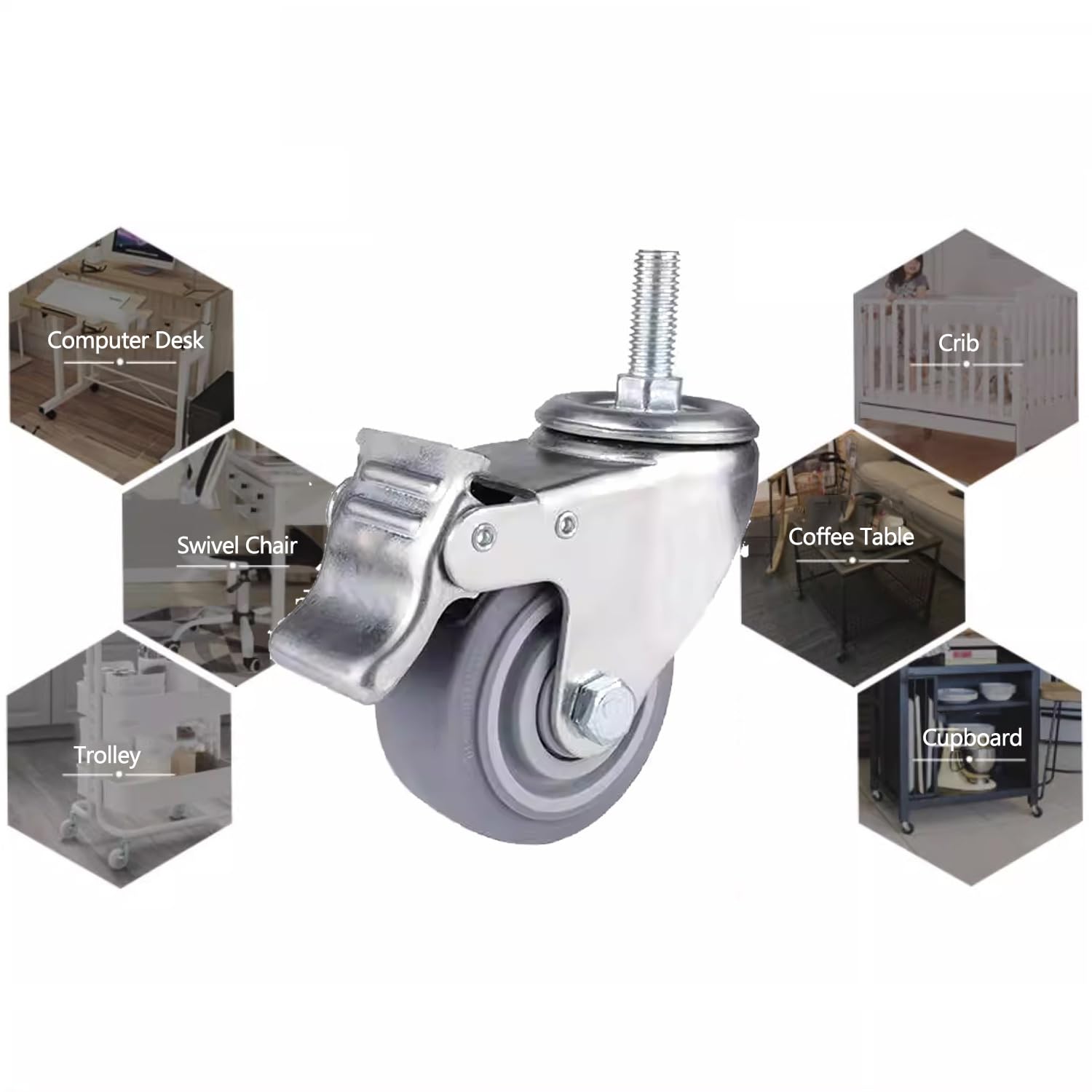 M12-Gewindestangen-Lenkrollen, 4er-Set, 75/100 mm, schwenkbar, mit Bremse, rutschfest, Industrierollen für Wagen und Schränke, 4 Zoll, Schwerlastrollen