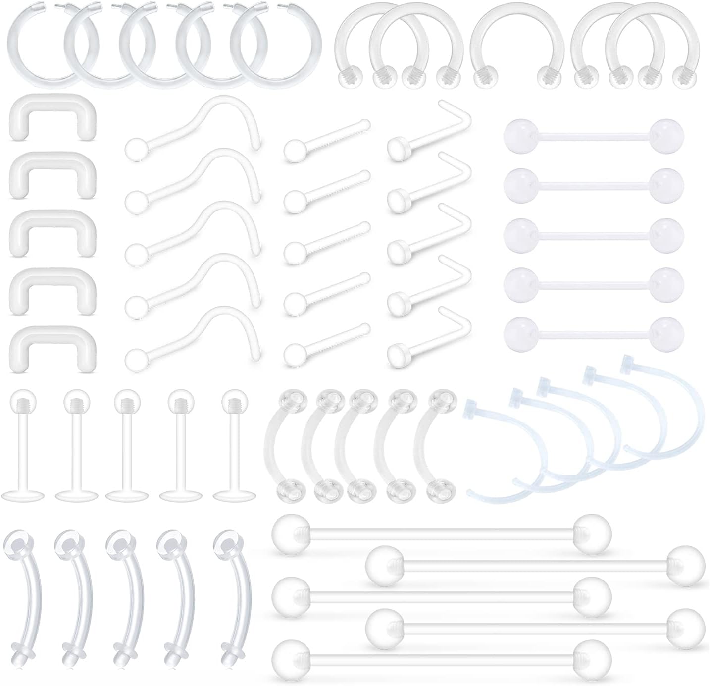 MODRSA Mix Set Clear Piercing Retainers Septum Retainer Nose Studs Flexible Lip Ear Nose Tongue Rings Nipplering Cartilage Rook Daith Earrings Horseshoe Plastic Industrial Piercing Retainer for Work