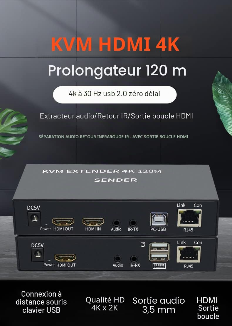 4K HDTV 120M KVM Extender HDMI-Compatible USB-A Clavier Souris 3.5mm AUX Alliage d'aluminium sur CAT6 RJ45 LAN Ethernet Extender (120M)
