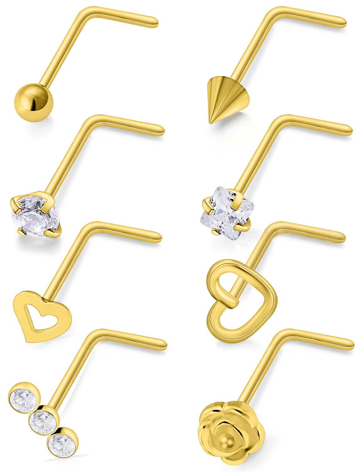 Leiainely22K Real Gold Plated Nose Rings Studs Piercing Jewelry for Women Surgical Steel 20g L Shaped Bar Nostril Stud Hypoallergenic