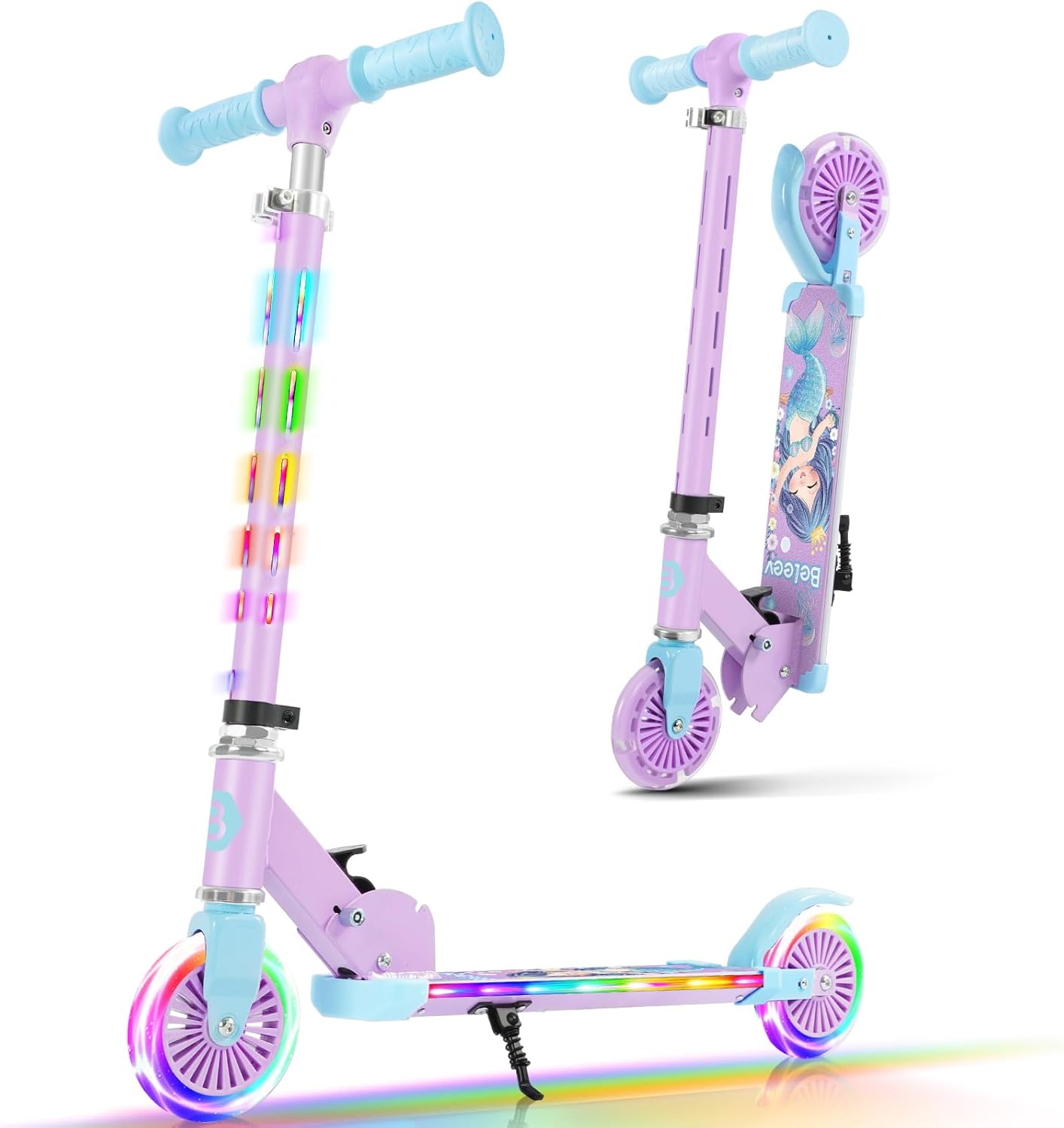 BELEEV V2 and V3 Scooters for Kids with Light-Up Wheels & Stem & Deck, Kick Scooter for Children Ages 3-12 Gift (Pink+ Purple)