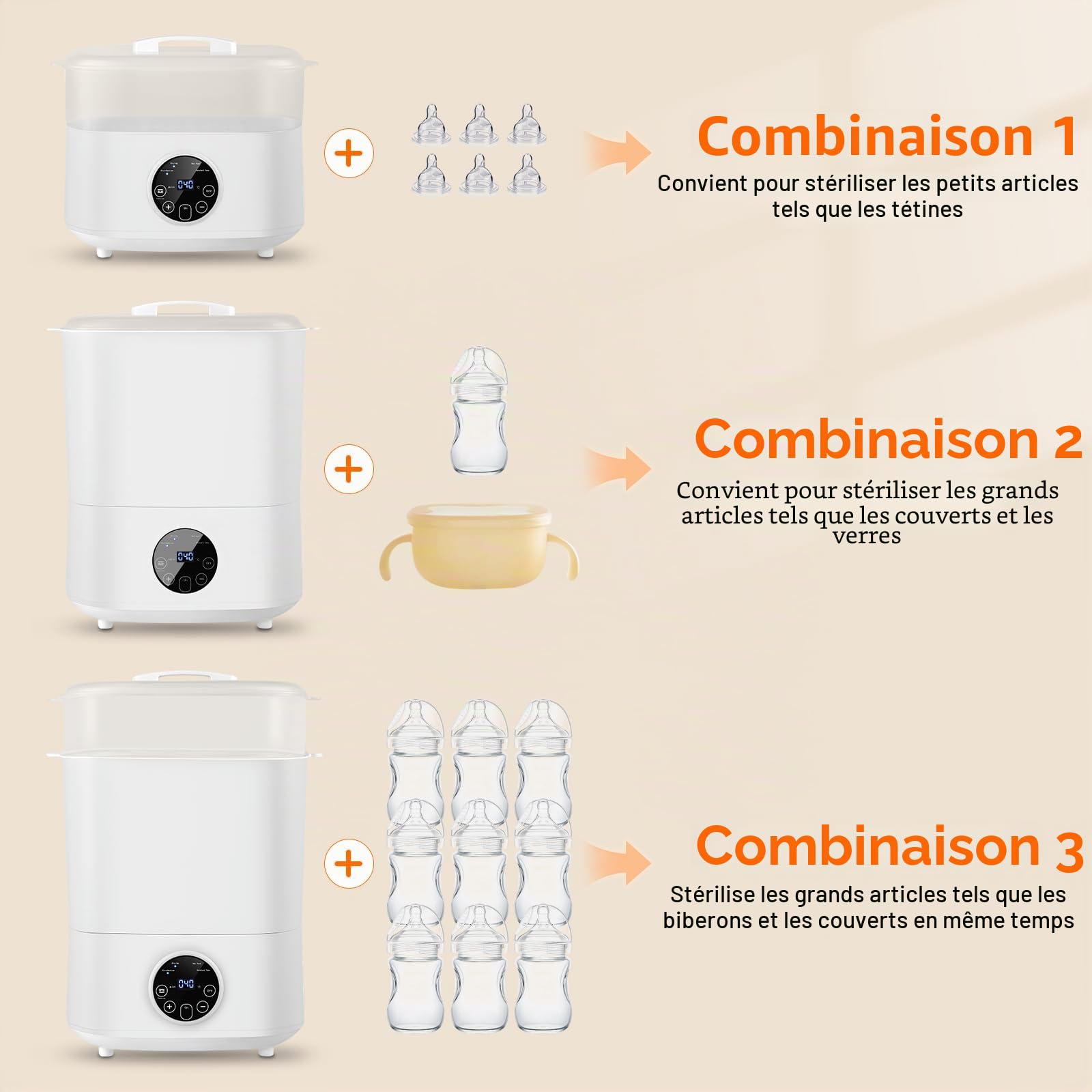 Stérilisateur pour biberons, biberons stérilisateur bébé | 5 en 1 : stérilisation, séchage, stérilisation et séchage automatique, réchauffer les aliments, garder les biberons au chaud | Capacité de 8
