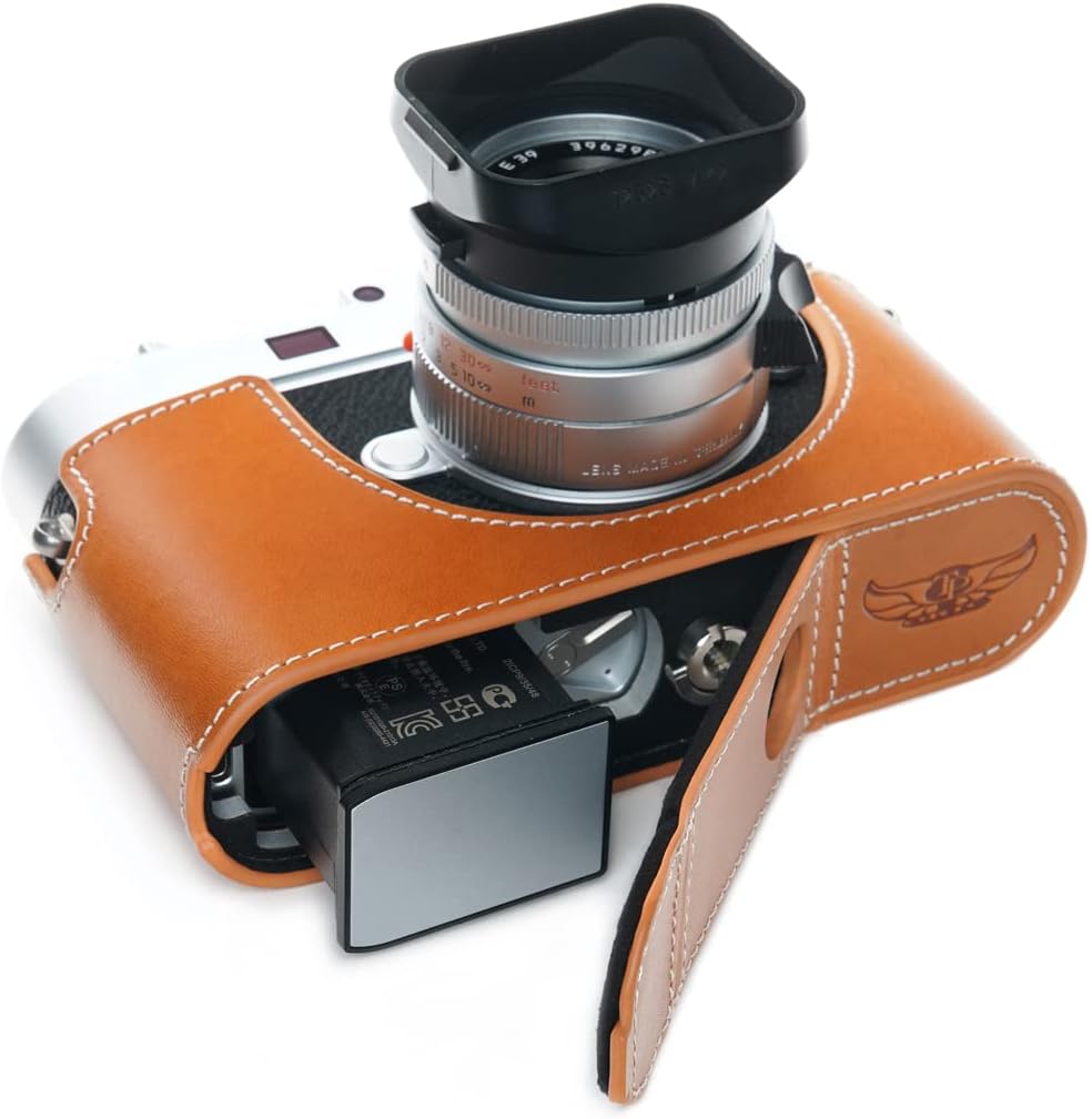 For Leica M11 Camera Case, Handmade Genuine Real Leather Half Camera Case Bag Cover for Leica M11 Camera Bottom Opening Version + Hand Strap (Yellow)