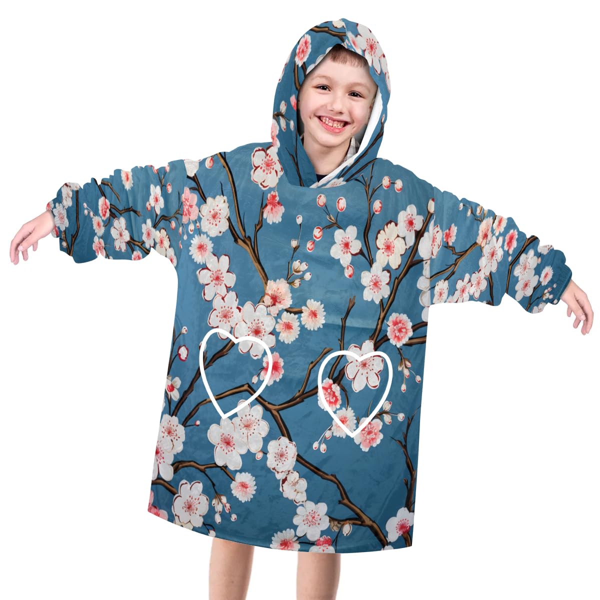 Pardick Wearable Blanket Hoodie for Kids, Pretty Cherry Fleece Sweatshirt Blanket Oversized Blanket Sweatshirt with Pocket Flannel Warm Hooded Blanket 6-10 Year Old Girl Boy Gift, One Size