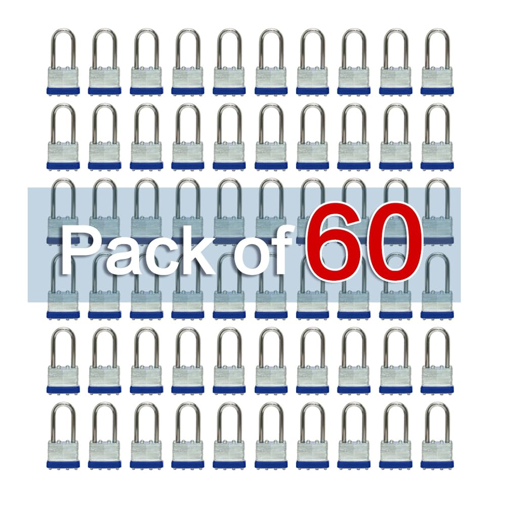 LanuBe Lock Laminated Steel Keyed Padlock,Keyed Alike Locks, Long Shackle Padlock, Marked Blue Plastic Hoop, Pack of 60