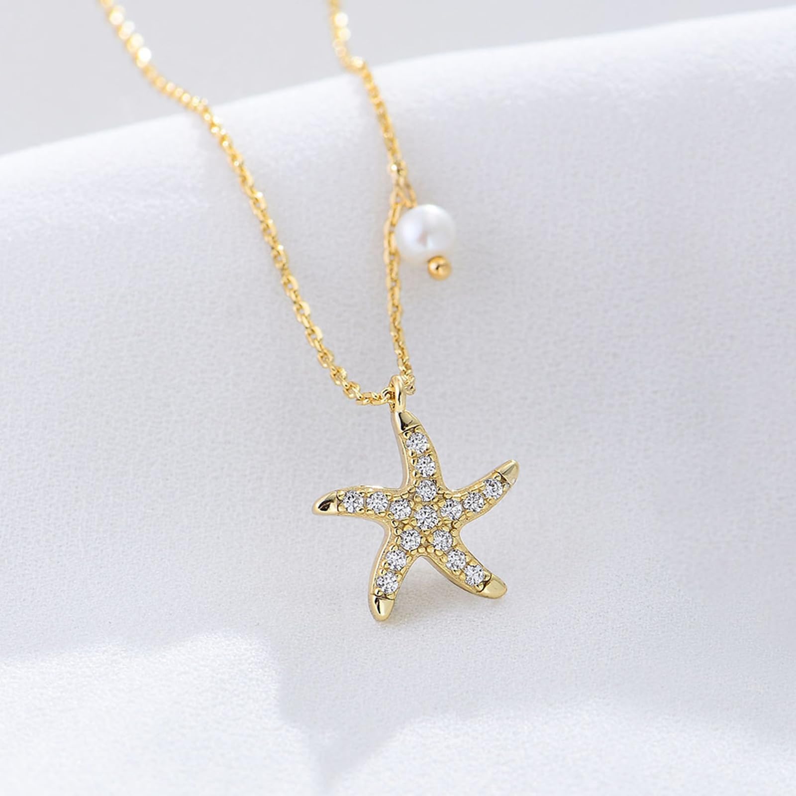 Collar con colgante de moissanita para mujer, oro amarillo de 9 quilates, 14 quilates, 18 quilates, 12,3 mm, con colgante de estrella de mar y perla, cadena Rolo: 40 + 5 cm