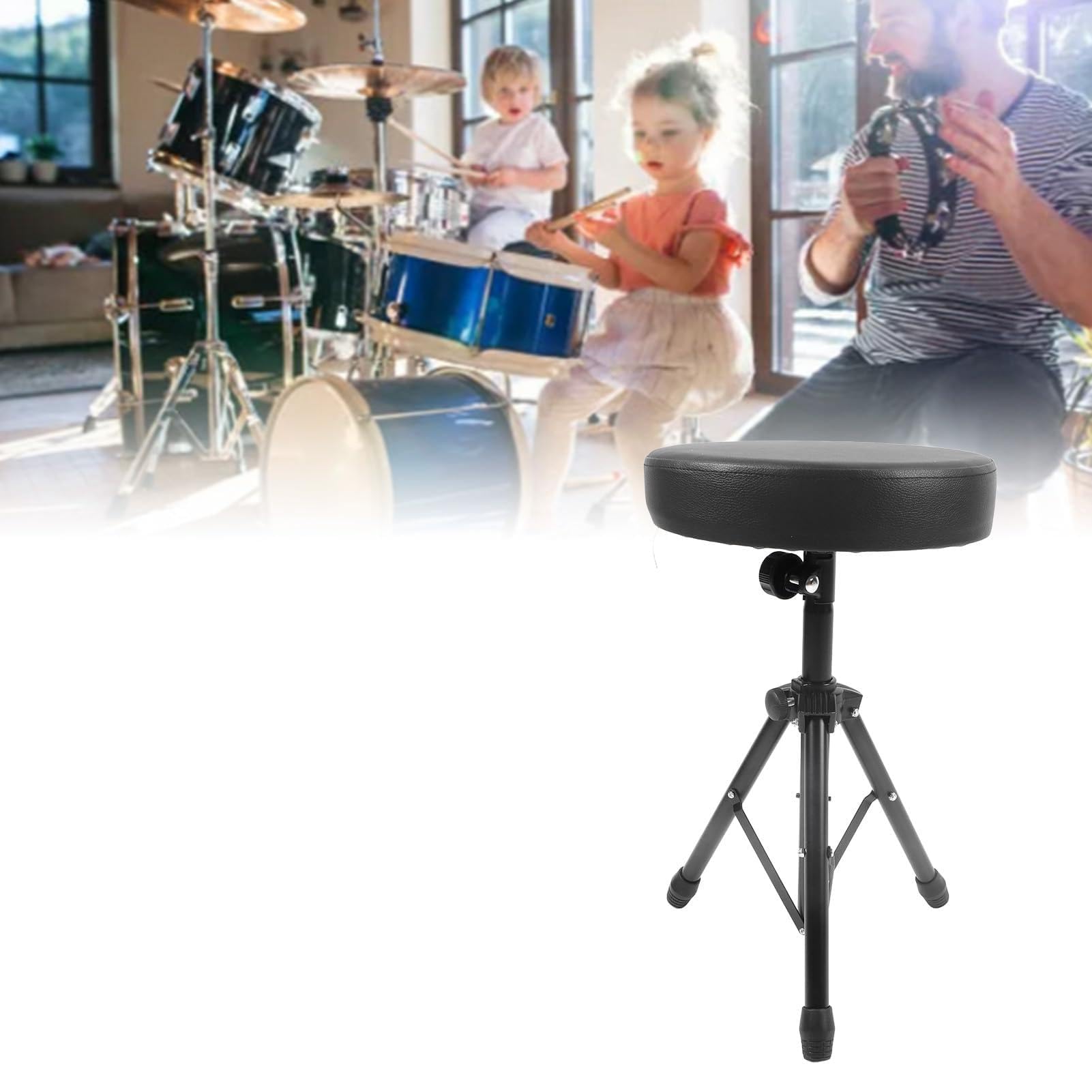Qqmora Taburete Giratorio para Trono de Tambor con Asiento Acolchado para Tocar la Batería y Tocar - Altura Ajustable, Diseño Estable de Metal y Esponja - 1 Unidad