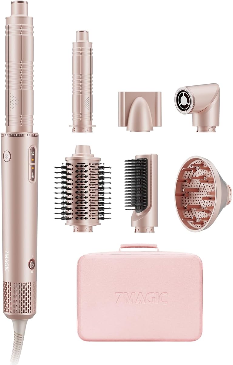 7MAGIC 7 in 1 Hair Styler & Hair Dryer Brush,110,000 RPM High-Speed Negative Ionic Hot Air Styler, 1400W Powerful Blow Dryer Brush & Multi-Style for Straight, Wavy, Curly, and Coily Hair, Pink