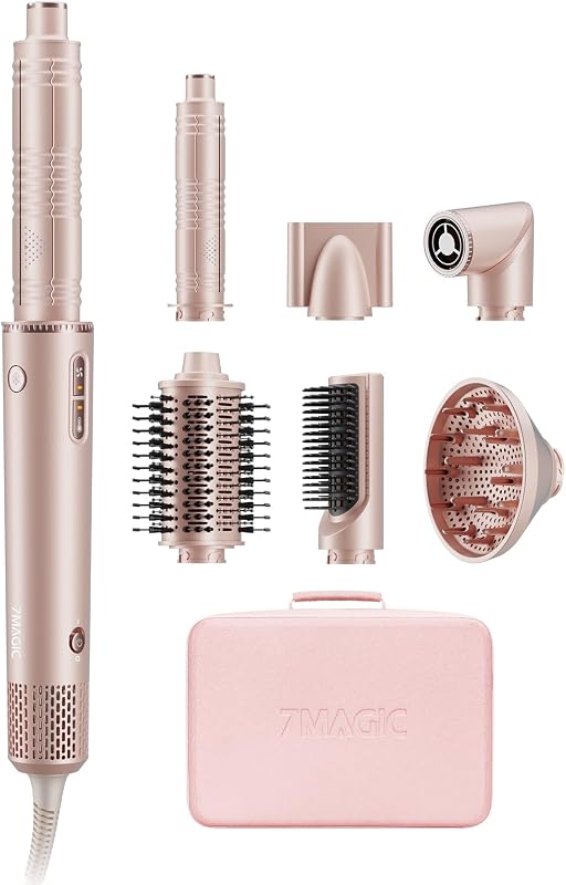 7MAGIC 7-in-1 Air Multi-Styler & Hair Dryer Brush with Auto-Wrap Curlers | 110,000 RPM High-Speed Blow Dryer with Negative Ions. Fast Drying, Curling, Volumizing & Straightening. Includes Travel Case.