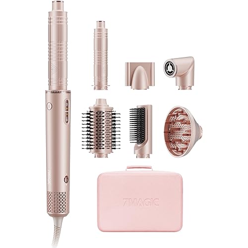7MAGIC 7-in-1 Hot Air Styler, Hair Styler Dryer Brush with Auto-Wrap Curlers, High-Speed Hair Dryer for Fast Drying, Volumizing & Straightening, Travel Case Included, Pink