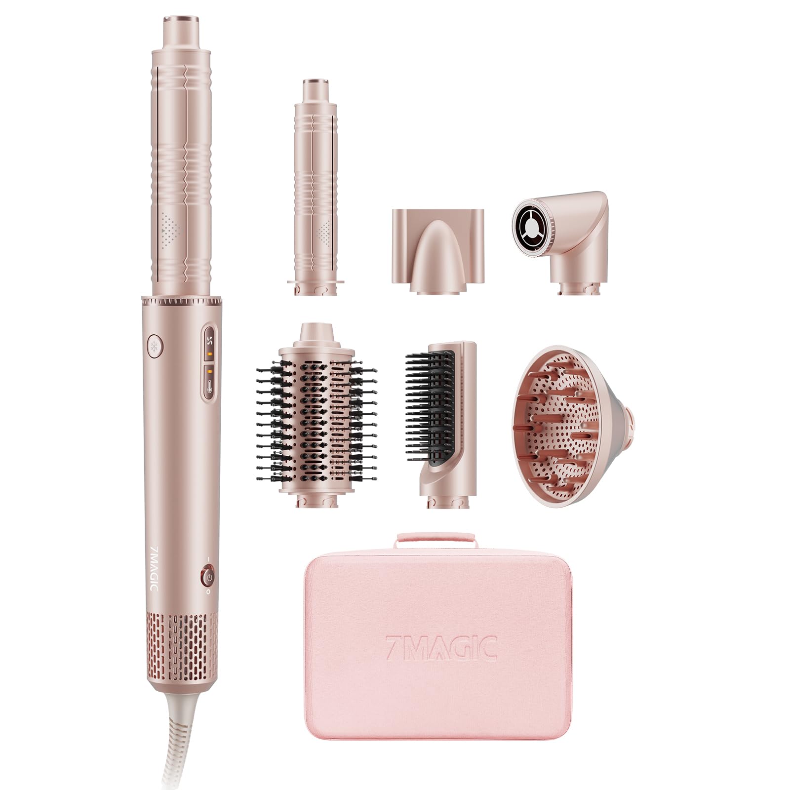 7MAGIC 7 in 1 Hair Styler & Hair Dryer Brush,110,000 RPM High-Speed Negative Ionic Hot Air Styler, 1400W Powerful Blow Dryer Brush & Multi-Style for Straight, Wavy, Curly, and Coily Hair, Pink
