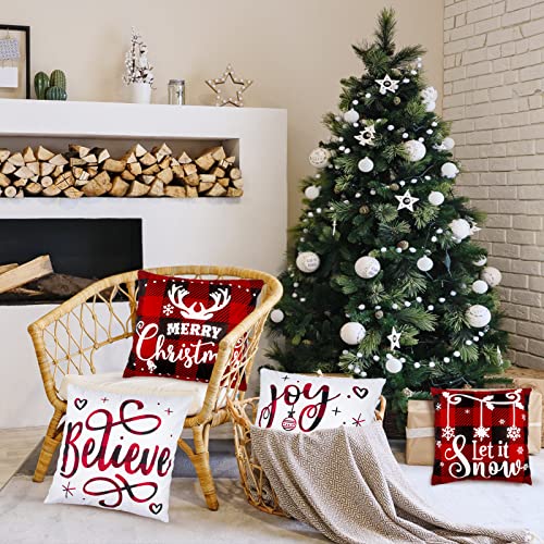 Christmas Pillow Covers 18x18 Set of 4 Winter Throw Pillow Covers Holiday Buffalo Plaid Pillow Covers Merry Christmas Pillows for Couch Sofa Home Decor Xmas Cushion Covers Indoor Decor Thicker - Thumbnail 6