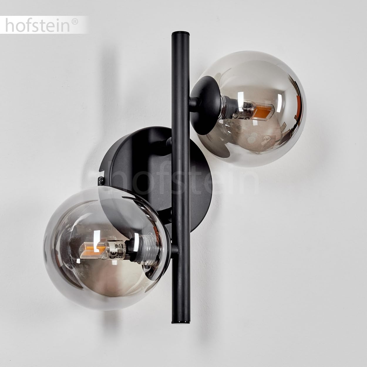 Wandleuchte Chehalis, Wandlampe aus Metall/Glas in Schwarz/Rauchfarben, Leuchte im Retro/Vintage-Design mit Schirmen aus Glas (Ø 10 cm) u. An/-Auschalter am Gehäuse, 2 x G9, ohne Leuchtmittel