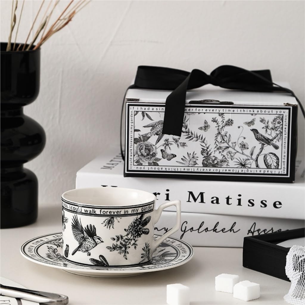 Zestawy kubków i talerzyków Kreatywna filiżanka do kawy i spodek, zestaw ceramicznych kubków o wysokiej wartości, prezent(Black)