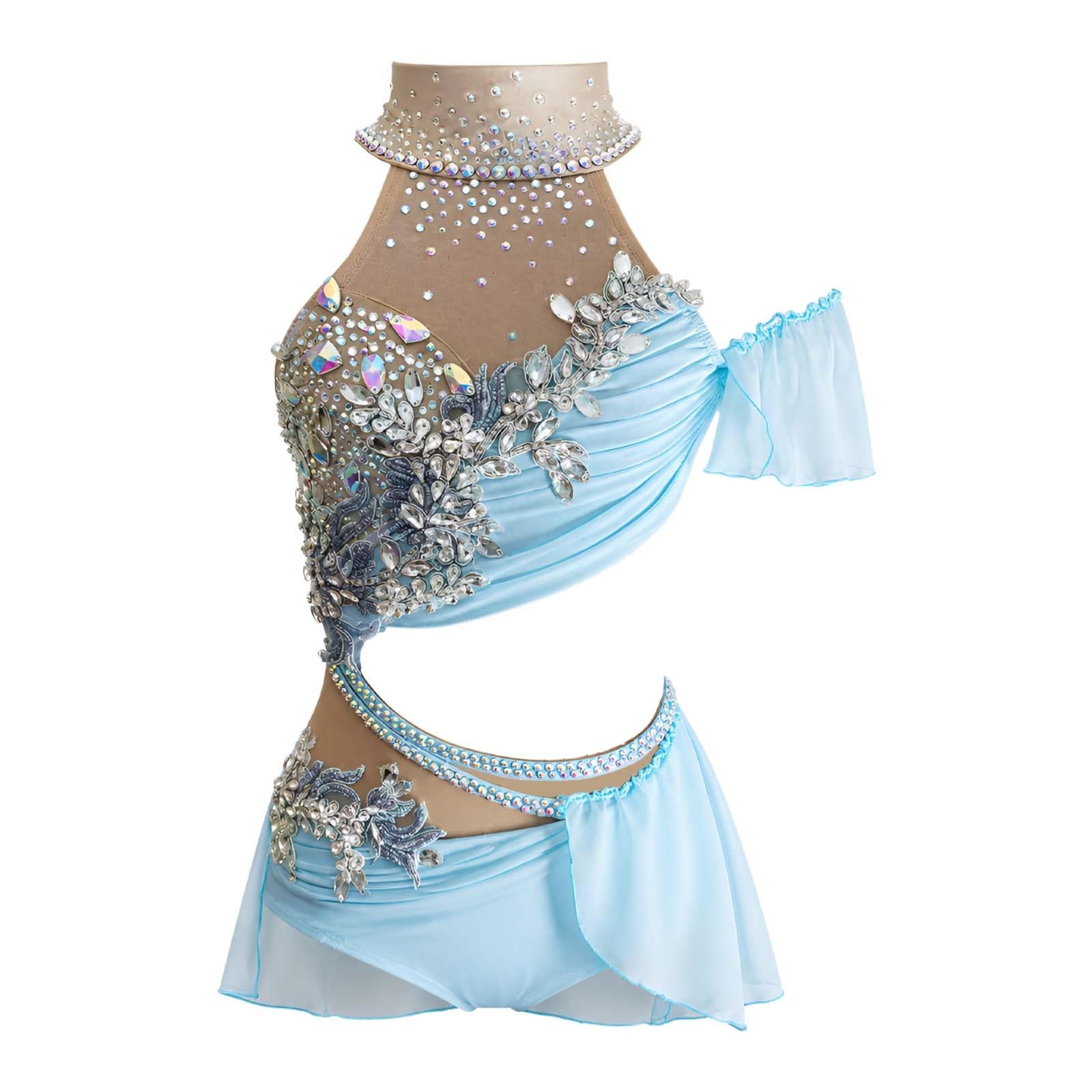 Strój do Tańca Lirycznego Damski Halter Cutout z Szyfonem na Scenę | Strój do Tańca Nowoczesnego, Elastyczny Spandex z Siatką Szyfonem i Kryształkami, Odkryte Plecy z Paskami Live