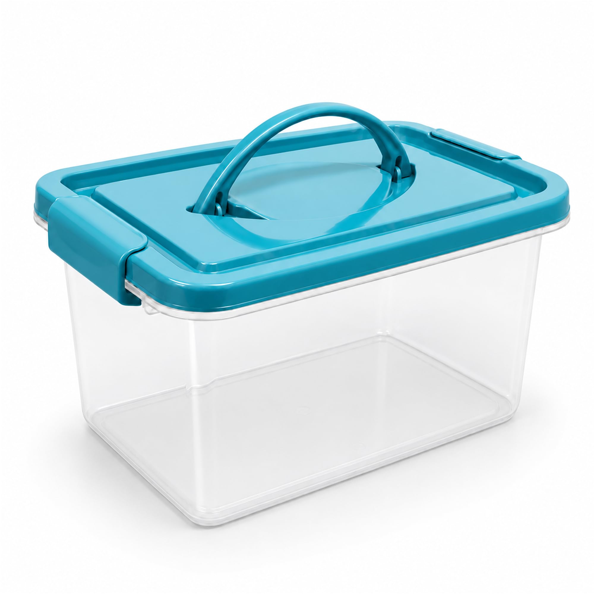 Plastific 4L - Turquoise Lid Storage Box With Handle Plastic Storage Box Lightweight Robust Stackable Storage Boxes With Lid, Clear Latch Boxes, Plastic Organiser, Space Saving Solution For Home Office (4L - Turquoise Lid Storage Box With Handle)