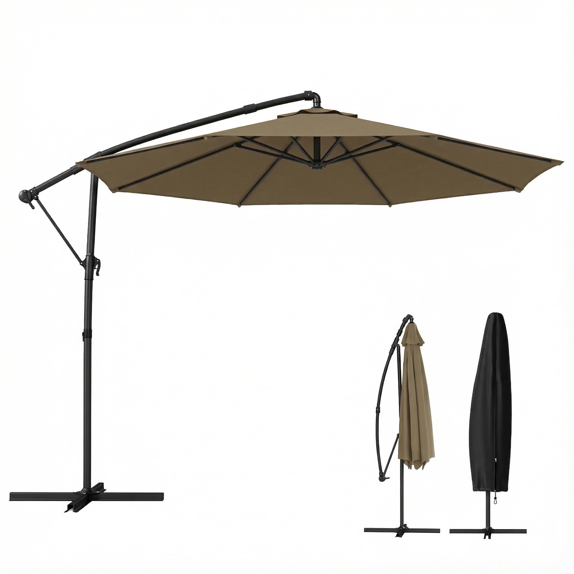 Outsunny Parasol Déporté Rond 3 m Inclinable, Housse de Protection, Kaki