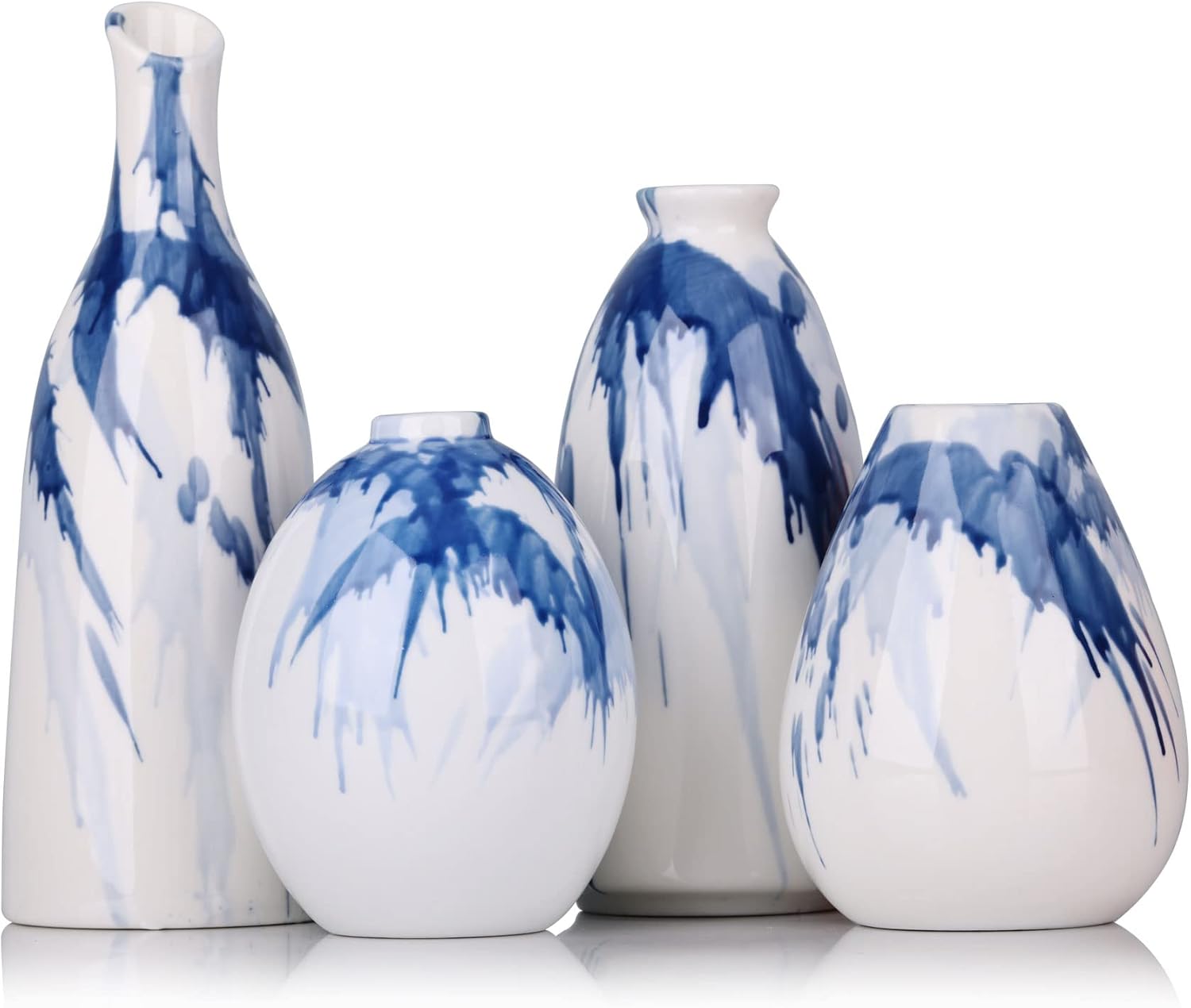 Set of 4 Blue and White Ceramic Bud Vases Modern Farmhouse Navy Blue Decorative