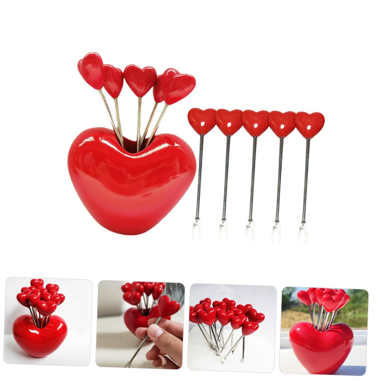 Set da 10 Mini Forchette da Frutta in Metallo e Resina con Supporto a Forma di Cuore Forchettine da Dessert e Antipasti per e Uso Domestico