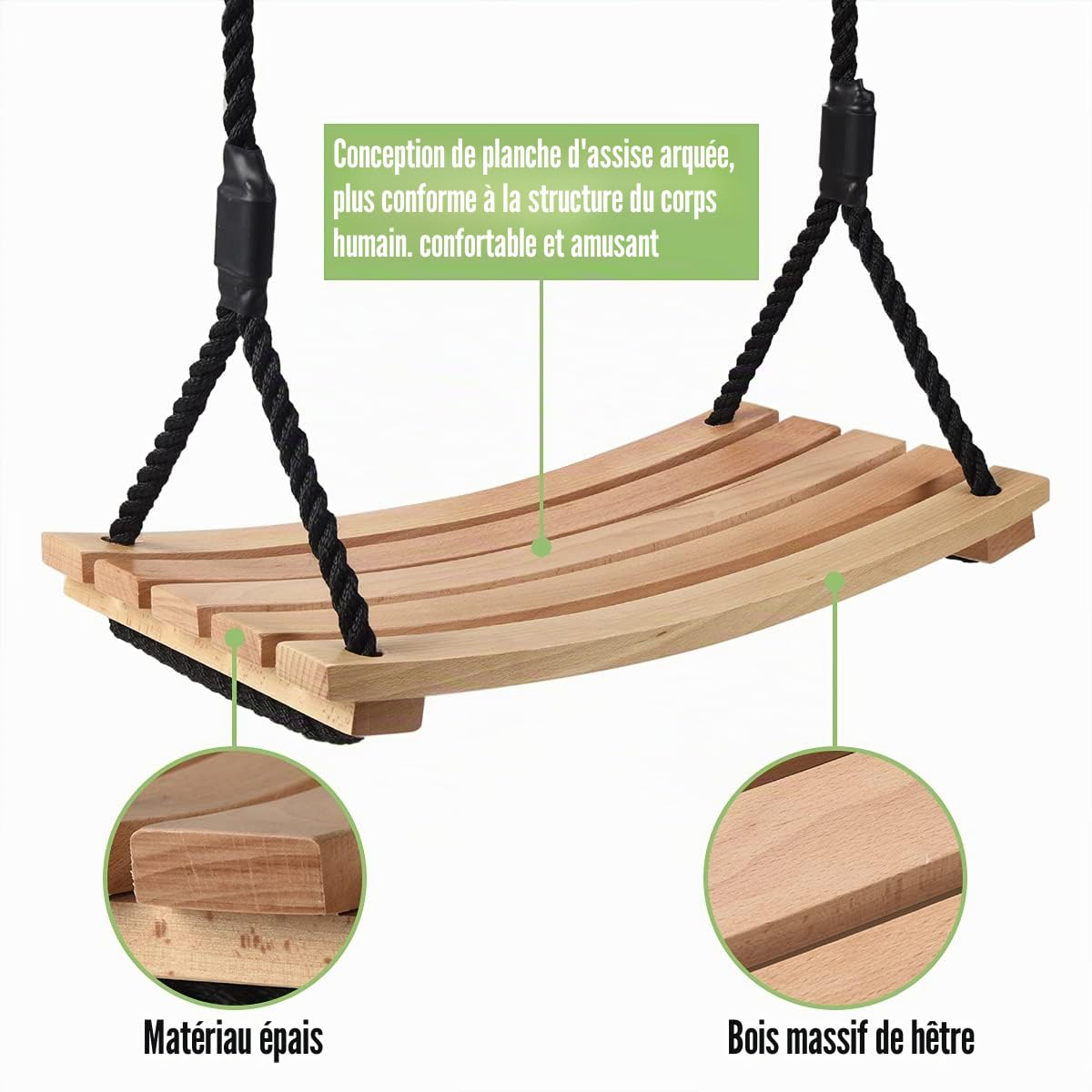 Balançoire d'extérieur - Siège en bois pour tous âges - Aire de jeux avec corde de chanvre ajustable (56 x 25 cm)