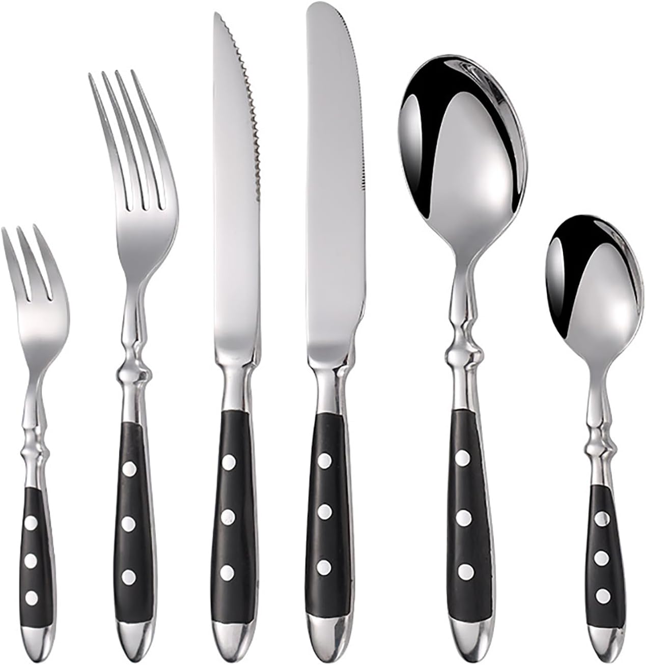 black silverware set, 36-piece flatware set for 6, vintage black handle utensils set, stainless steel cutlery set reusable, mirror polished eating utensils sets for home, dishwasher safe
