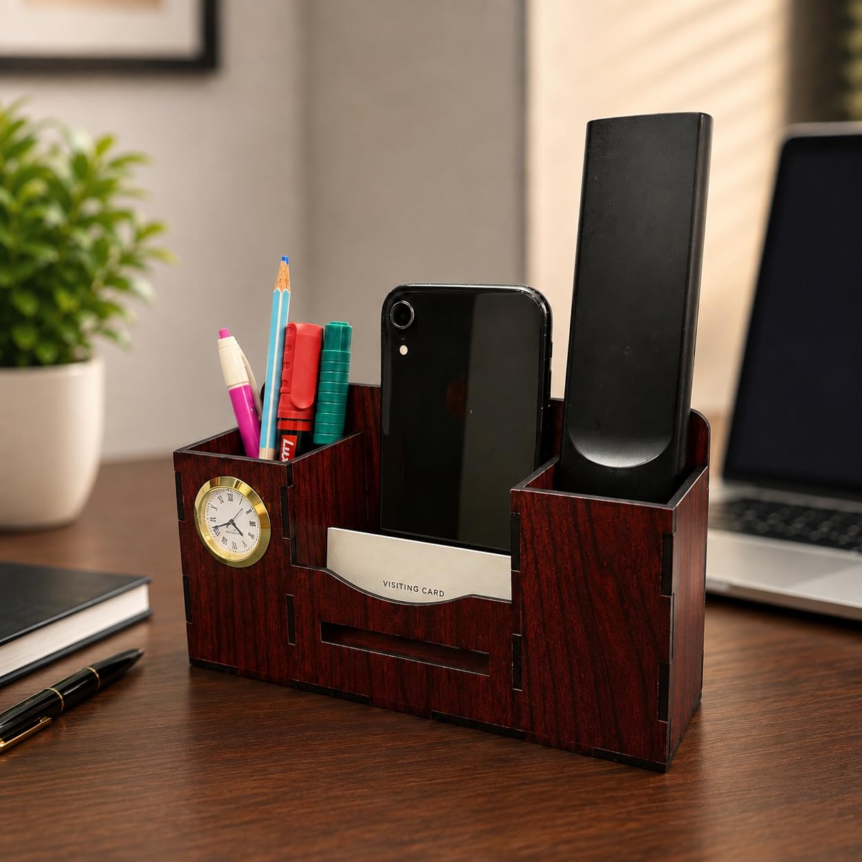 Zesta Wooden Desk Organizer Pen Stand Remote Holder Card Slot | Table Accessory Office Desk Study Room | Pencil Storage Stand Stylish Workspace Décor (Rosewood, Organiser with Watch)-image-16