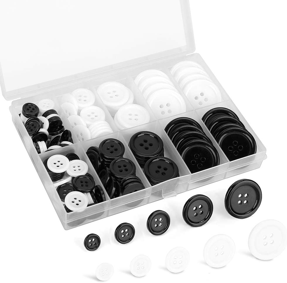 Mixed Sewing Buttons 160Pcs, Round Black 4-Hole Craft Buttons, 5 Sizes White ...