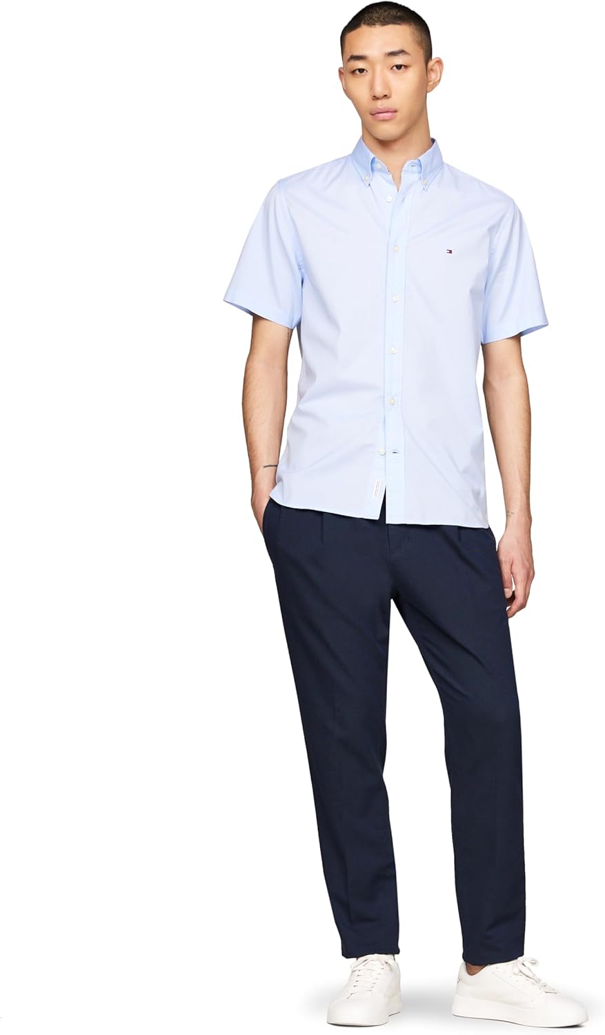 Tommy Hilfiger Mens Short Sleeve Poplin Shirts in Regular Fit, Men's Button Down Shirts - Image 4