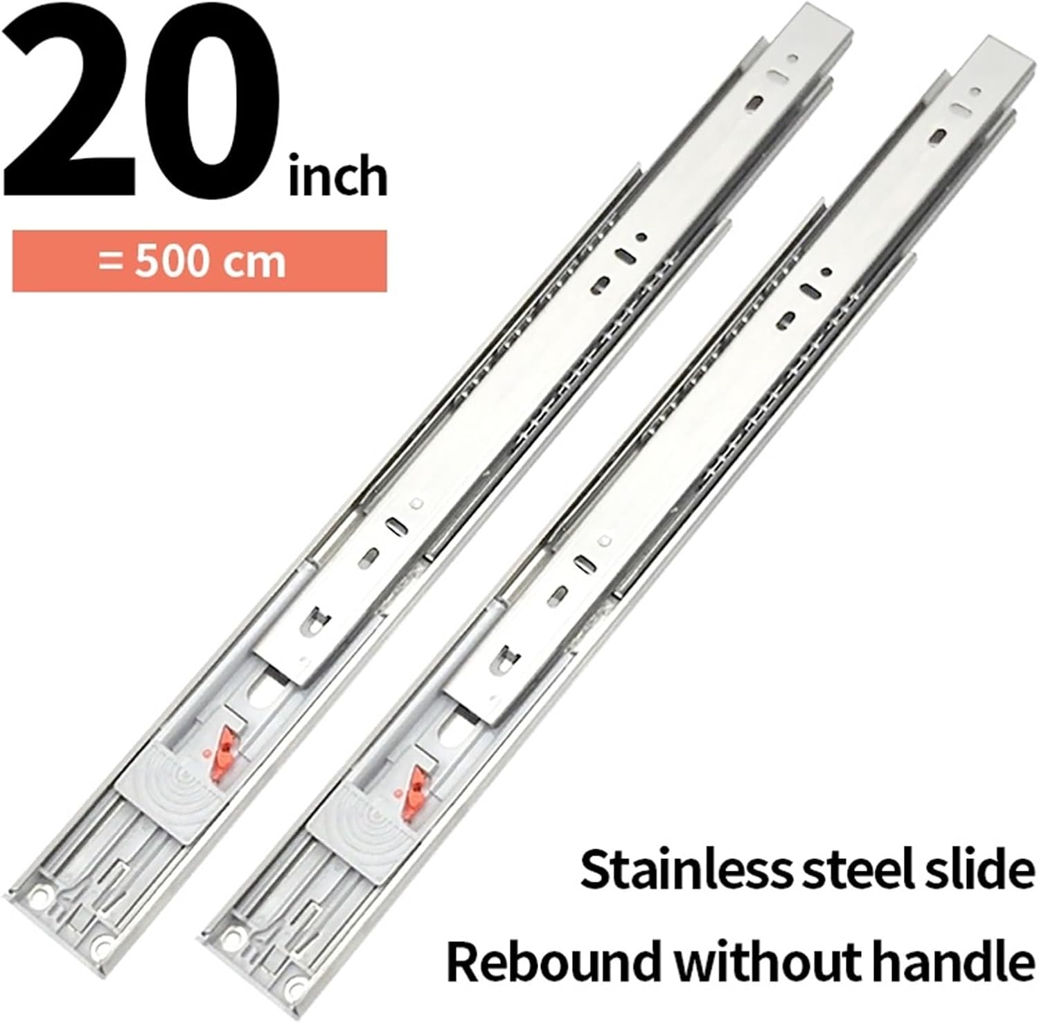 Hardware Full Extension Side Mount Drawer Slides 10-20 Inch Stainless Steel Mute Drawer Slide Rail Three-Section Buffer Track Rebound Damping(20 inch500mm)