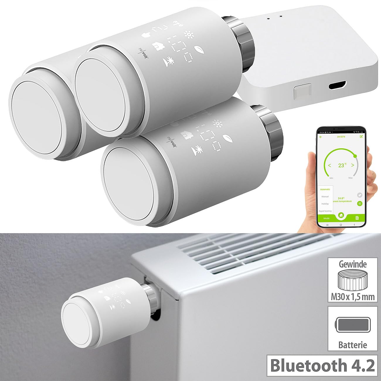 revolt Heizkörperthermostat Set: 3er-Set programmierbare Heizkörper-Thermostate mit WLAN-Gateway & App (regelbarer Heizungs Thermostat, WiFi Heizkörperthermostat)