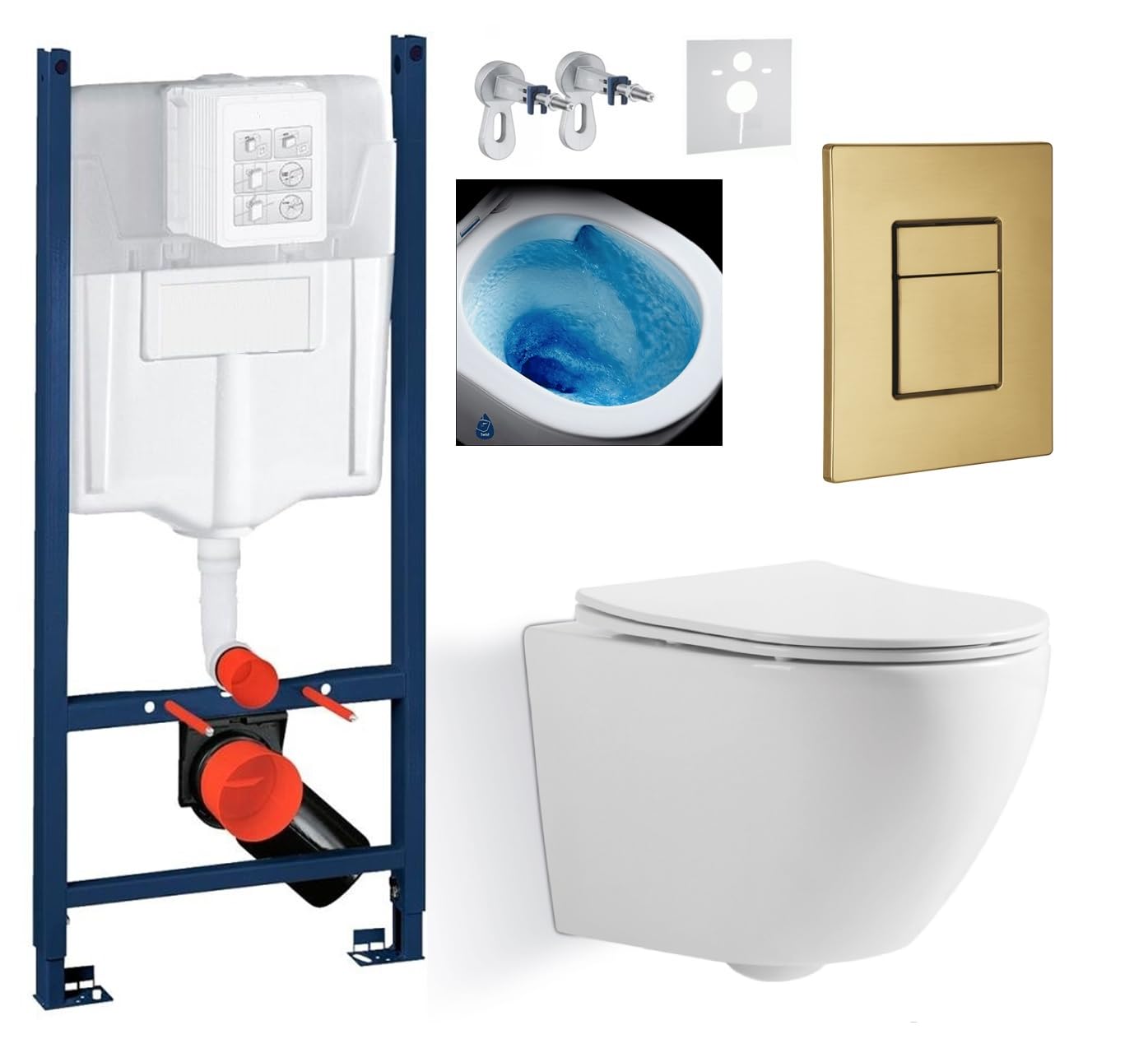 Kompletny zestaw Imprese 5w1 – stelaż podtynkowy + miska WC bezkołnierzowa BLATNA TWIST TORNADO + deska sedesowa wolnoopadająca Slim + złoty szczotkowany przycisk spłukujący + mata + zestaw montażowy