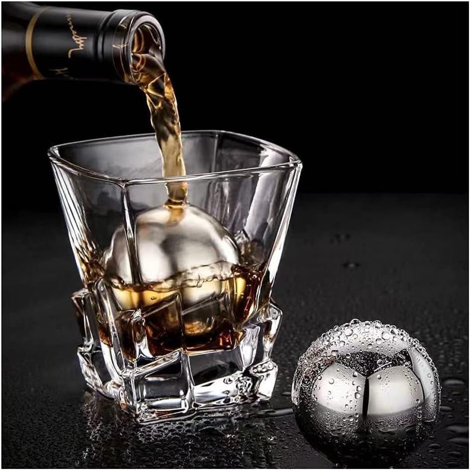 Image of Whisky Stone Gift Set - Reusable Ice Cube, Stainless Steel Whisky Metal, Drinking Gift Set for Men, Metal Ice Cube for Vodka, Wine, Drink Juice (Silver-Ball)