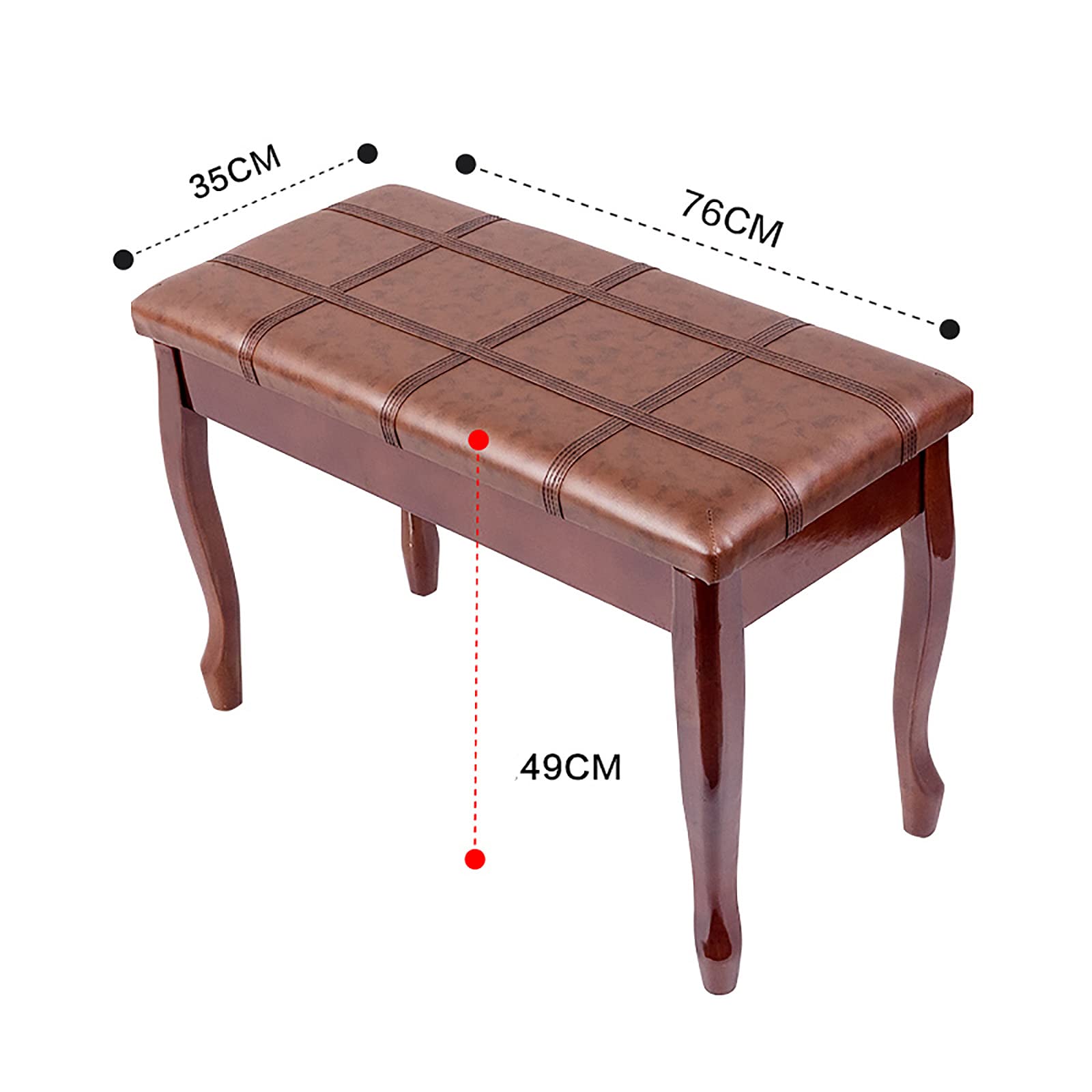 Klavierbank aus Leder mit Stauraum, Keyboardhocker aus Holz, weiches Kissen für Häuser und Schulen, 76 x 35 49 cm, Teakholz, Braun-A