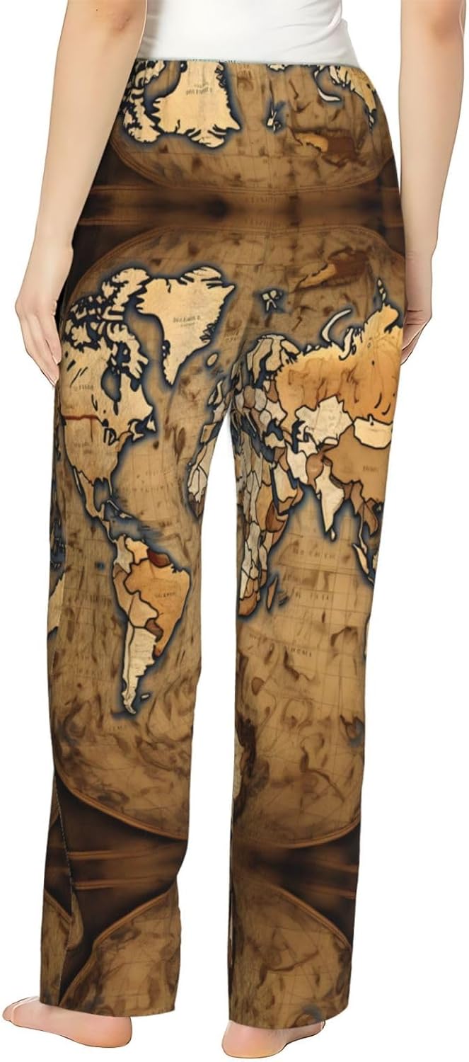 Old Stained World Map Print Cozy Flannel Pajama Pants For Women,Warm Christmas Pj Pants,Cute Fleece Pajamas