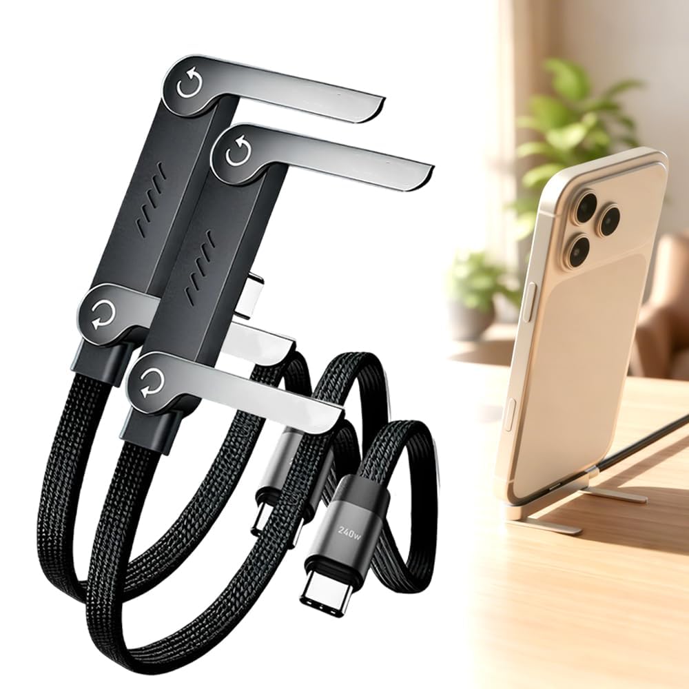 Cavo USB-C intrecciato a ricarica rapida con supporto per telefono integrato, cavo pieghevole a forma di T a 90 gradi, caricabatterie multifunzionale, lunghezza 1,5 m, design ad angolo retto