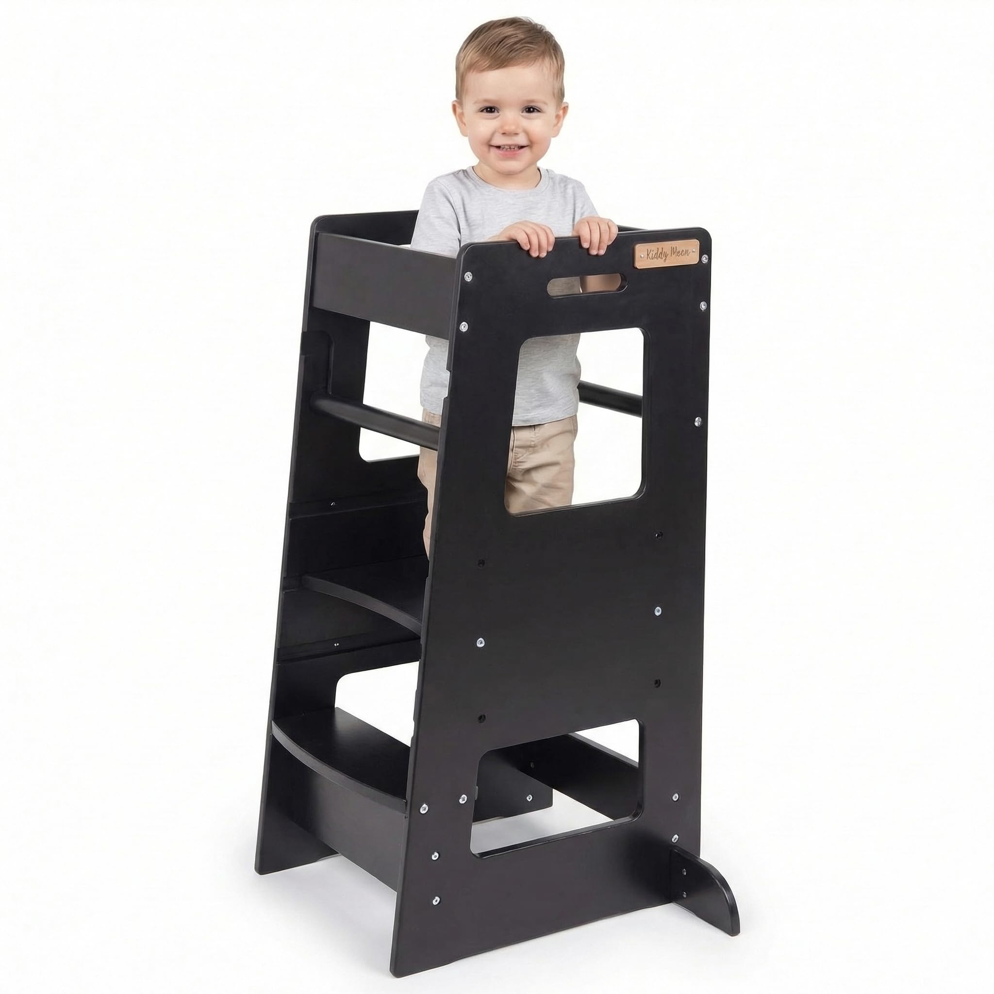 KiddyMoon Lernturm Für Kinder Ab 1 Jahr, Anti-Kipp-Schutz, 3-Fach Höhenverstellbar, Schutzbügel, Montessori Küchenhelfer, Schwarz
