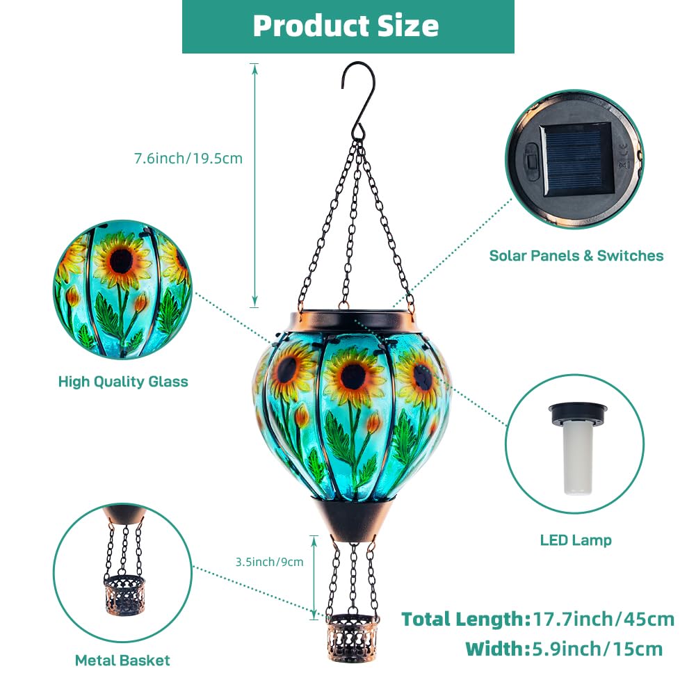 Starsoul 2 pz girasoli mongolfiera lanterna solare con fiamma vetro appeso all'aperto mongolfiera luce solare impermeabile giardino patio cortile decorazioni per feste