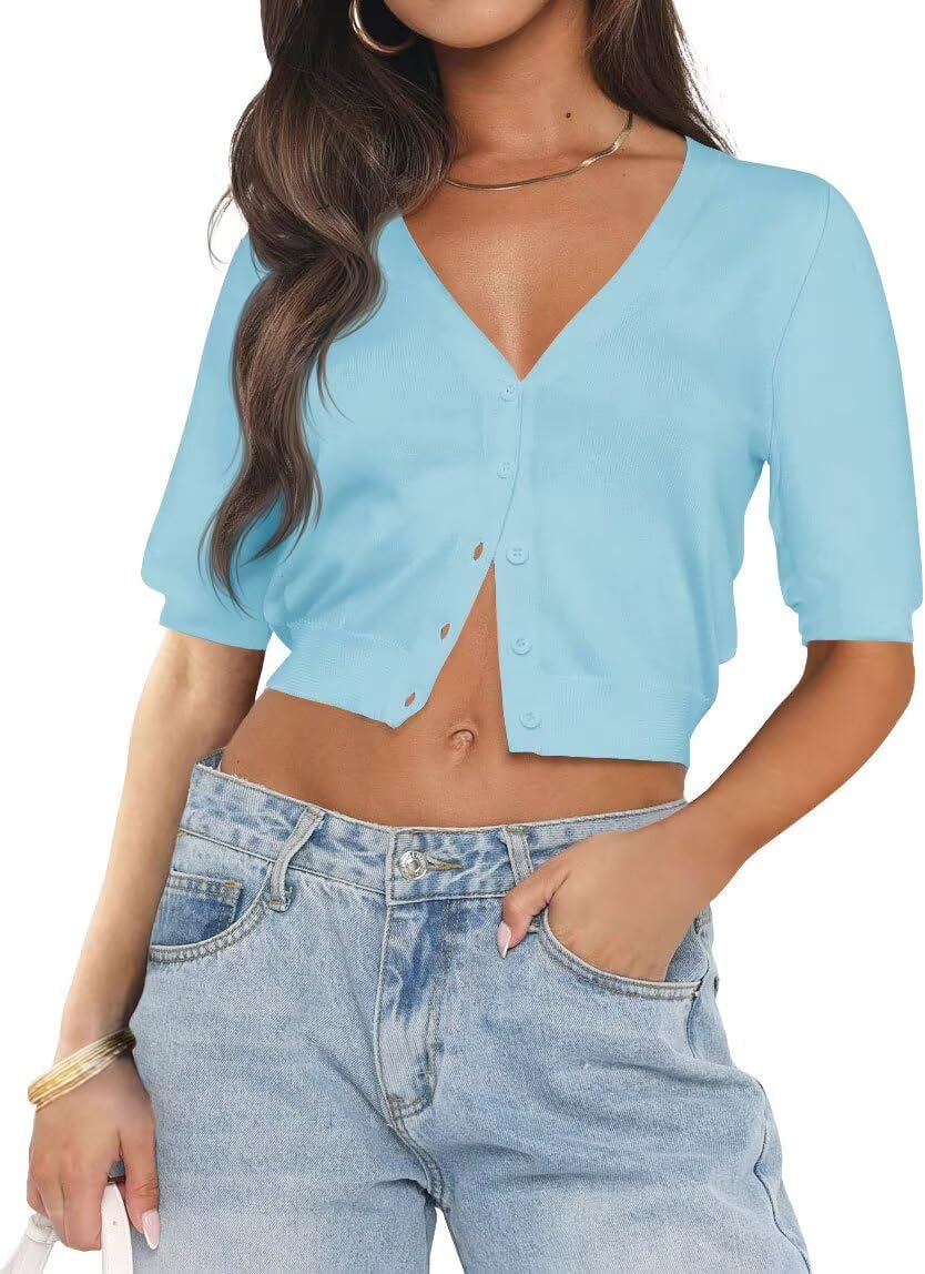 LEEDYA Summer Cardigans for Women Lightweight Short Sleeve Open Front Knit Cropped Sweaters V Neck Button Up Bolero Shrug Top