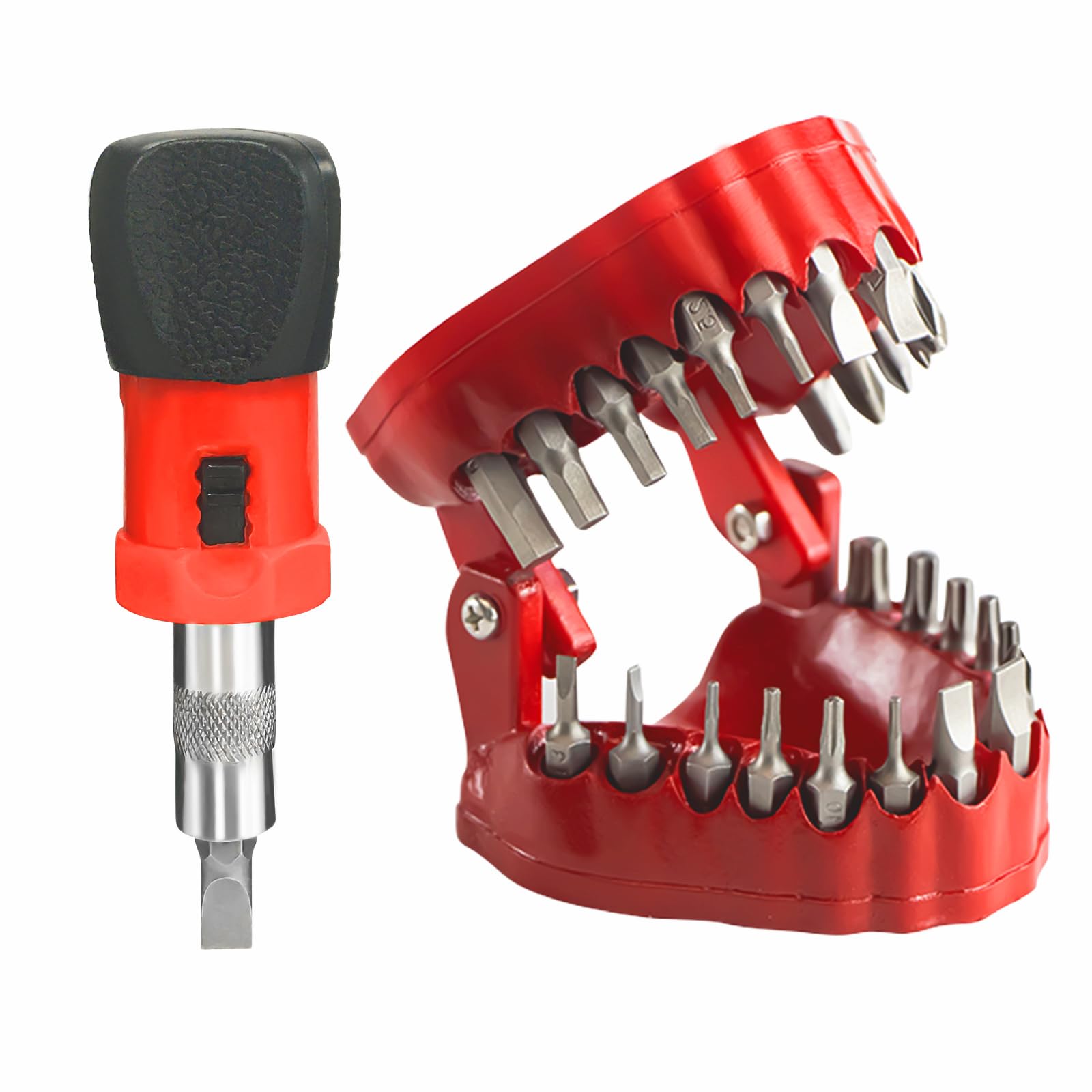 Foggizo Denture Drill Bit Holder, Dentist Gift, 3D Sculpture Desk Decor, 28PCS 1/4” Hex Bit, 3-in-1 Screwdriver, Desk Gadget, Red