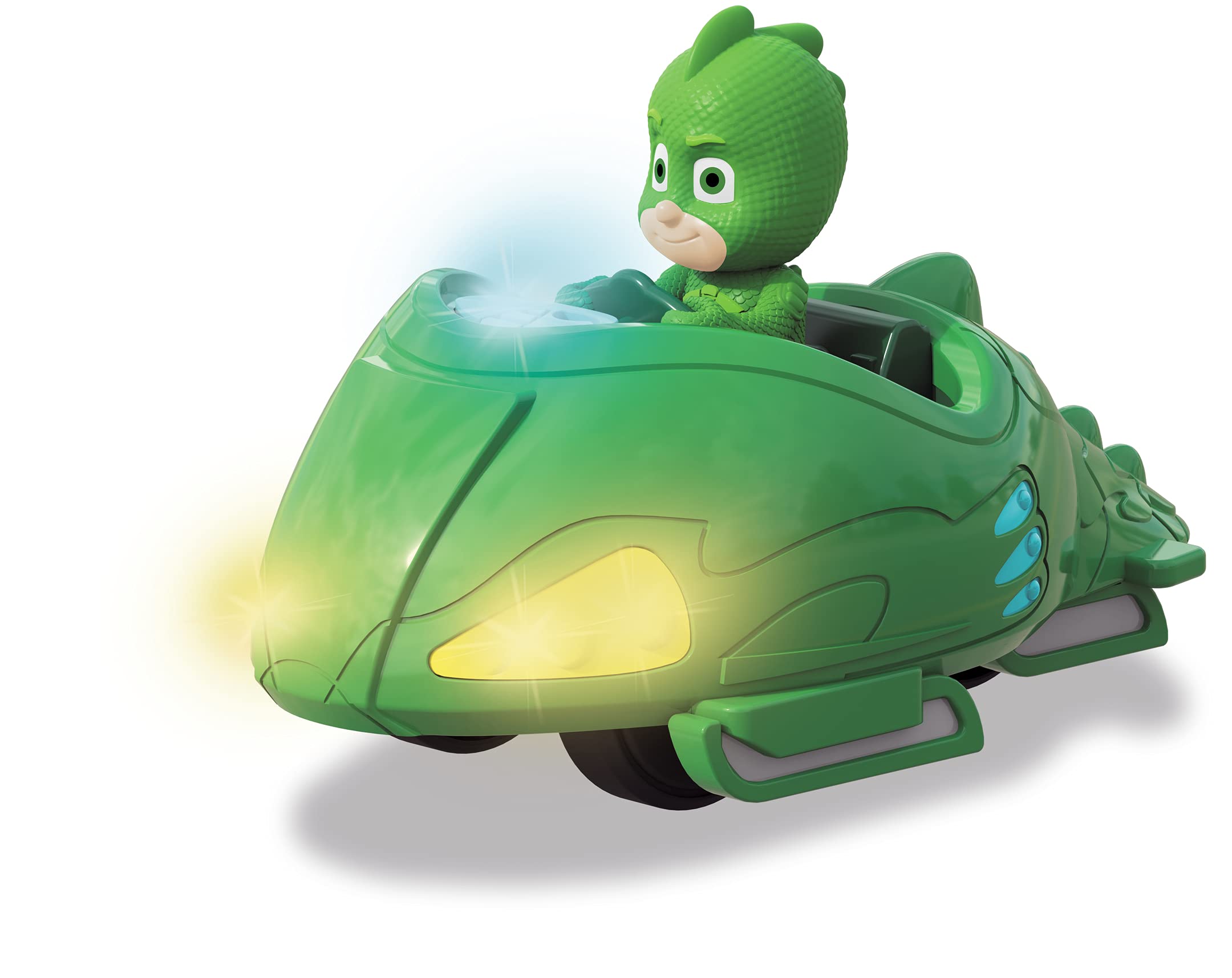 Dickie Toys PJ Masks Mission Racer Gekko Die-Cast Véhicule avec Roue Libre, lumière et Son, Joue la mélodie des titres de la série, avec Figurine Gecko, 12 cm, Vert, Piles incluses