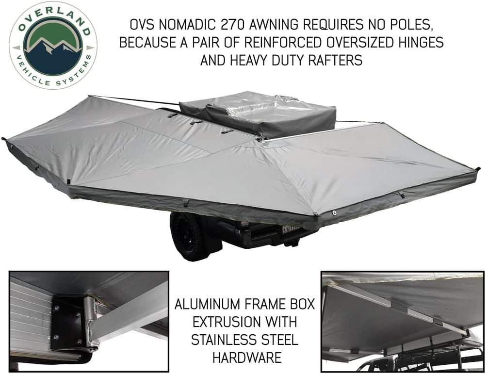 Overland Vehicle Systems HD Nomadic Awning 270 Driver Side - Dark Gray Cover with 1000G PVC Black Travel Cover Universal Fitment - Mounting Brackets Included