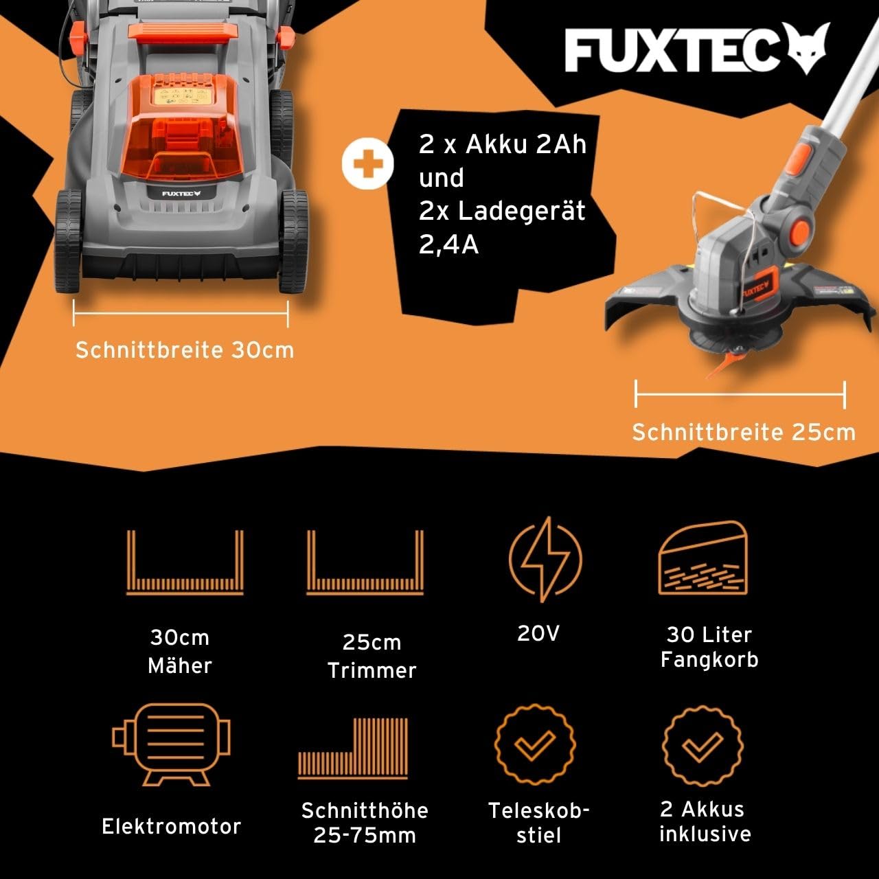 FUXTEC 20V Akku Garten Geräte Set FX-E1RM20ECO-SET & FX-E1RT20-SET • Akku Rasenmäher 30cm & Rasentrimmer 25cm • 2X 2Ah Akku mit Ladegerät • Wechselakku System • Kabellos • Akkumäher mit 30L Fangkorb