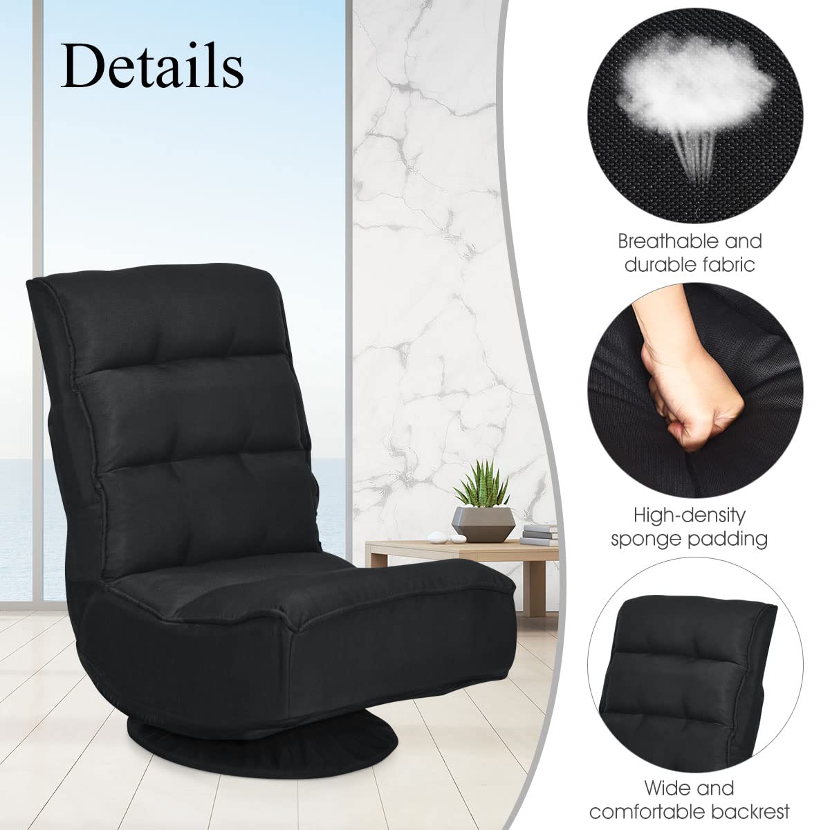 LIFEZEAL Silla de Suelo giratoria 360°, Silla de sofá Ajustable de 5 Posiciones, Plegable con Respaldo Ajustable, sin Reposabrazos, soporta hasta 151 kg (Negro)