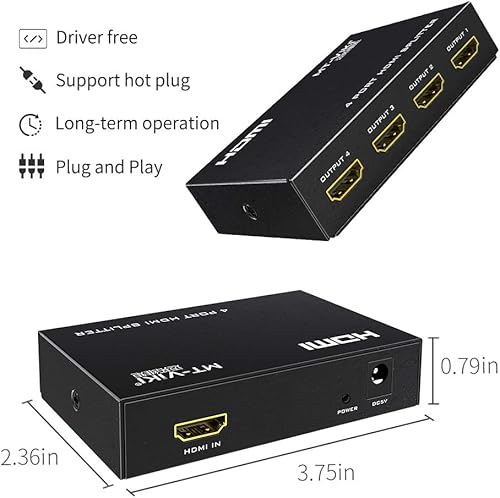 Miniatura 8 de MT-ViKI Divisor HDMI 1 en 4 salidas, divisor HDMI de alimentación 1x4 4 puertos con adaptador de CA, 4Kx2K30Hz 3D Full HD Distribuidor para PS4 Fire