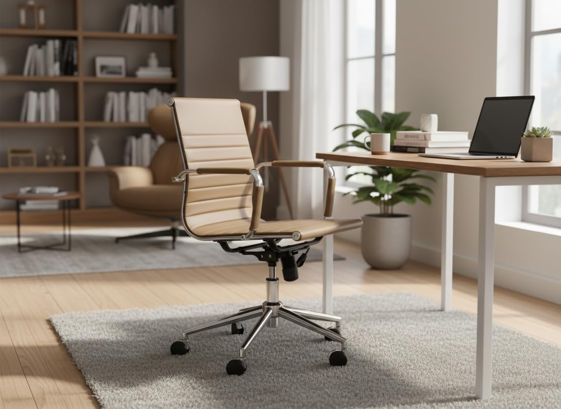 Amazon Brand - Umi Modern Medium Office Study Desk Task Chair with Non-Adjustable Armrest & Height Adjustable, Swivel 360 Degree, Nylon 60mm Caster Wheels, Heavy Duty Base in Tan Color