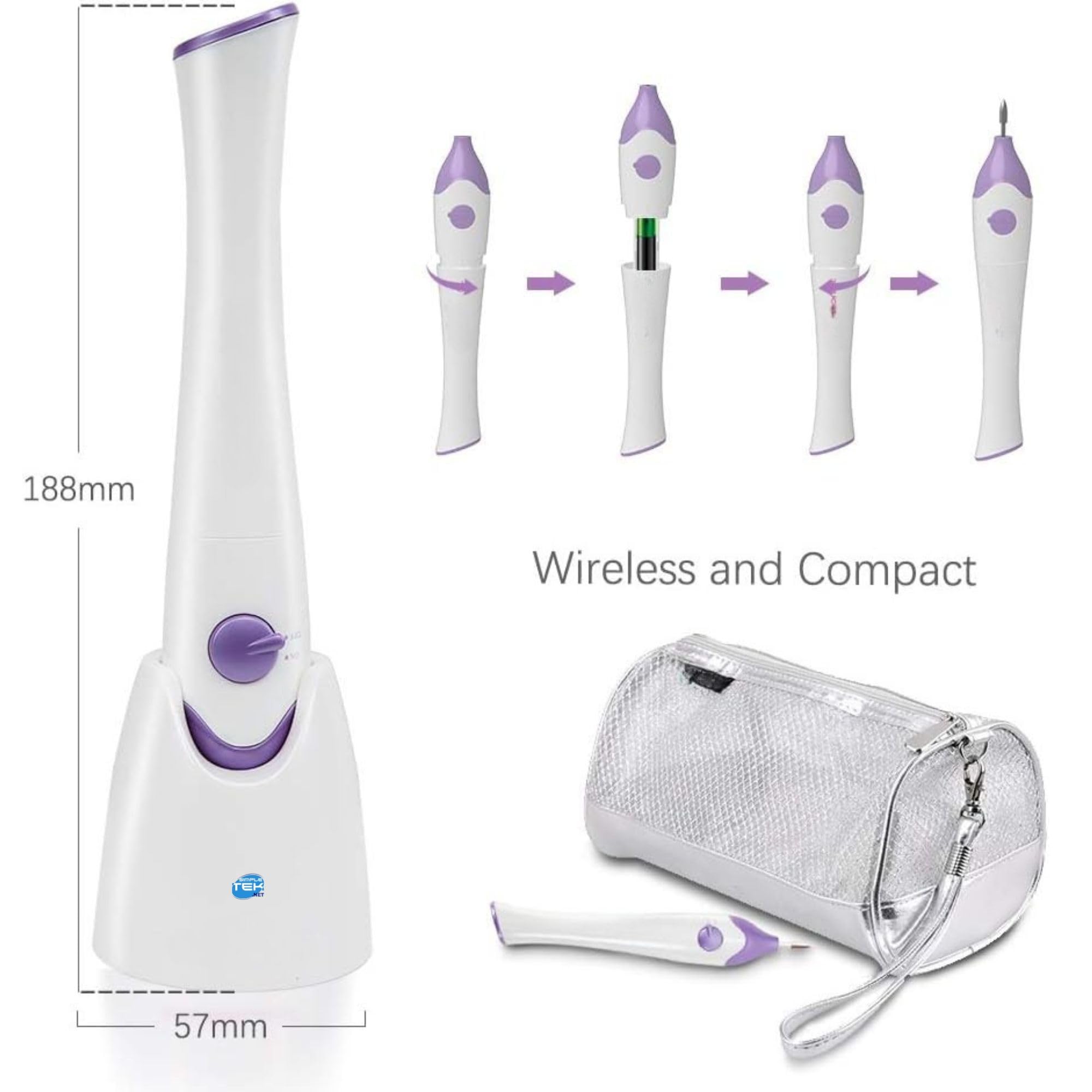 SIMPLETEK - Profesjonalny elektryczny frezarka do paznokci TB-1335 | zestaw do manicure z UV/LED | przenośny i bezprzewodowy, kolor biały i fioletowy