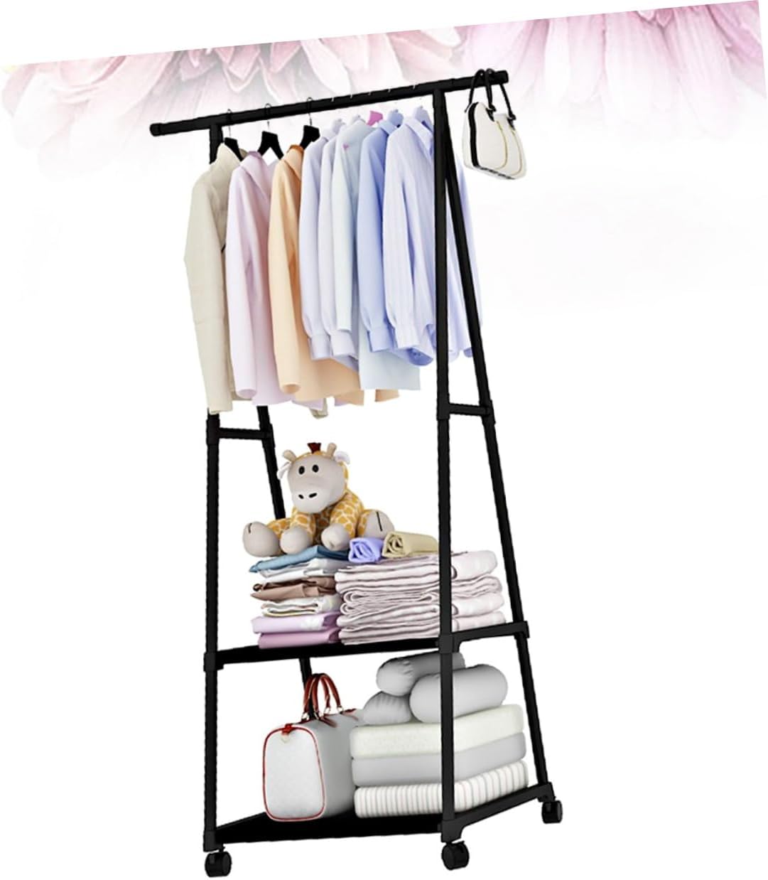 Iron Garment Rack with Wheels Adjustable Clothes Drying Hanger Metal Clothes Stand for Bedroom Storage Multifunctional Coat Rack with Hooks Black