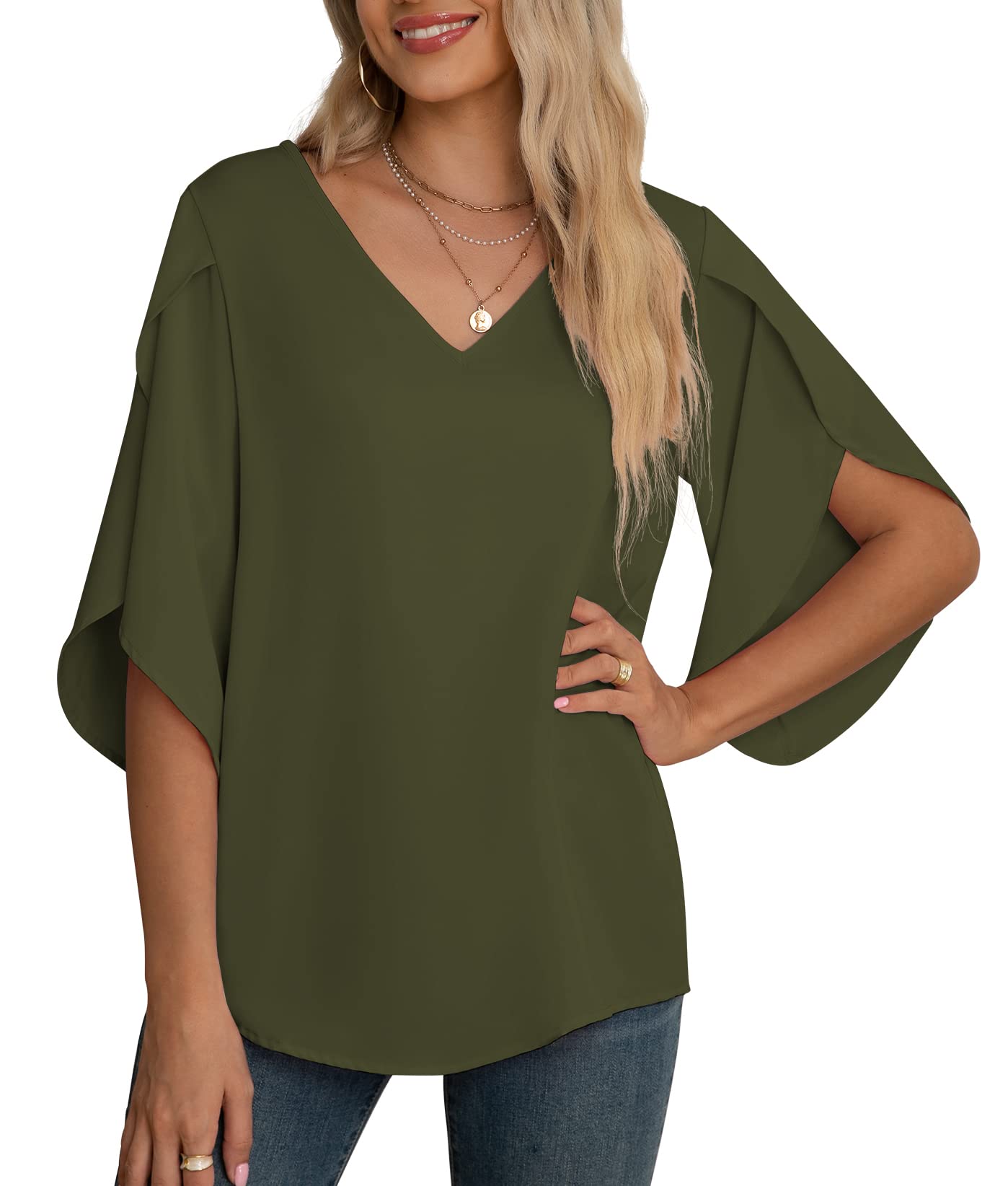Yommay Damen Bluse Elegant V Ausschnitt Sommer T-Shirts Casual Leicht Chiffon Tunika Kurzarm Tops,Armeegrün,XL