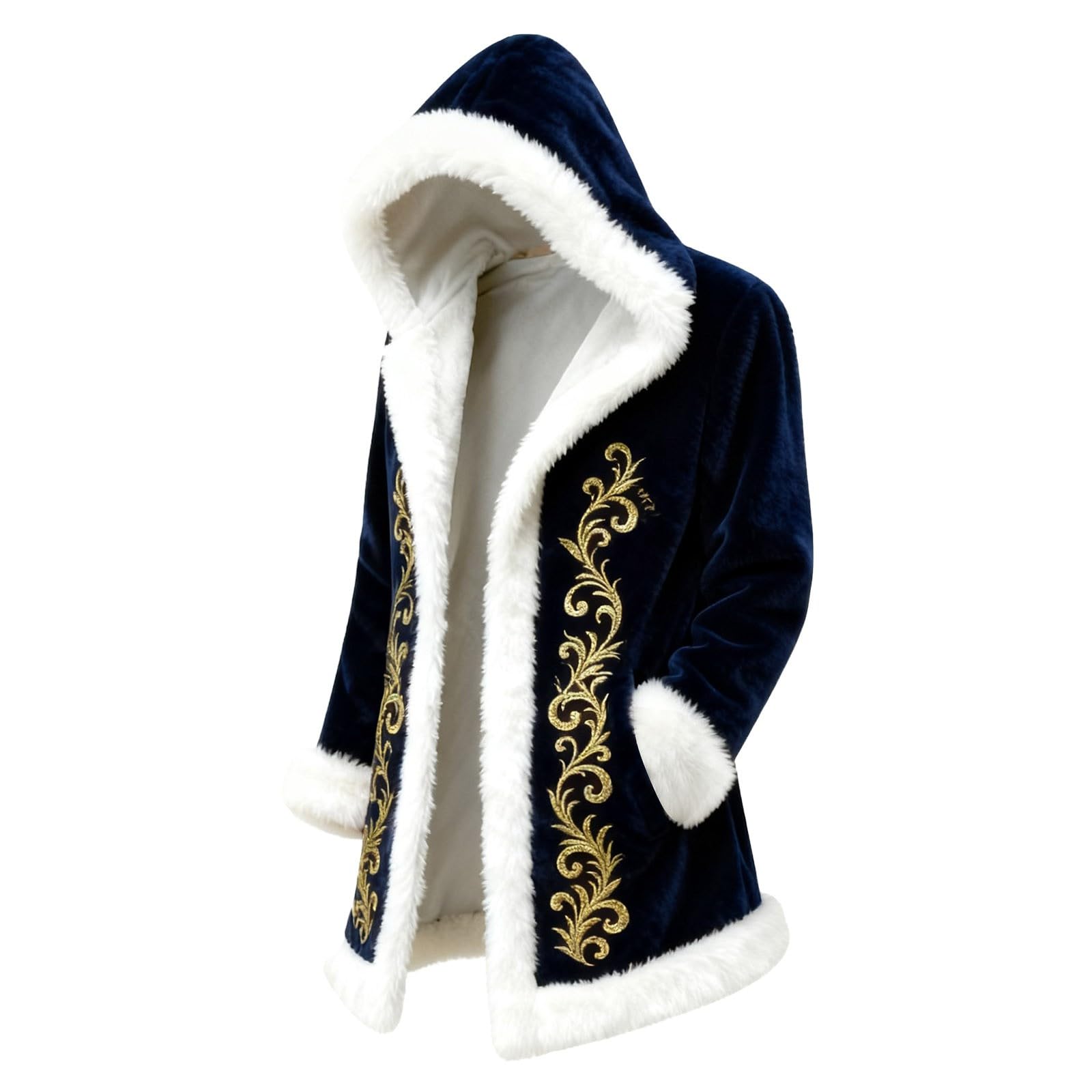 Red Velvet Christmas Costume for Men Red Hooded Cape Santa Coat Plush Lining Long Sleeve Longline Soft Warm Fluffy Festival Holiday Party Xmas Winter Cardigan
