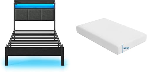 Miniatura 73 de Rolanstar Base de cama tamaño individual con estación de carga y luces LED, cabecera de piel sintética con estantes de almacenamiento, listones de